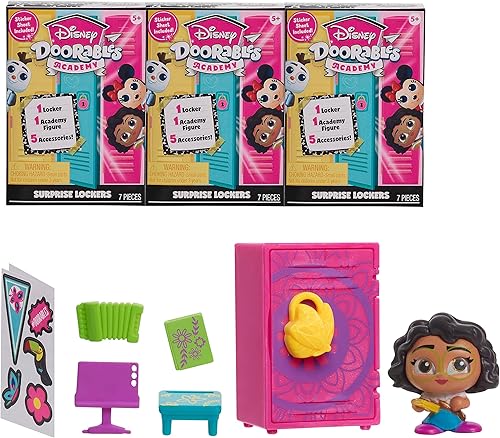 DOORABLES Disney Academy Surprise Locker 3 Pack, juego de figuras coleccionables, los estilos pueden variar, obsequios navideños, regalos,