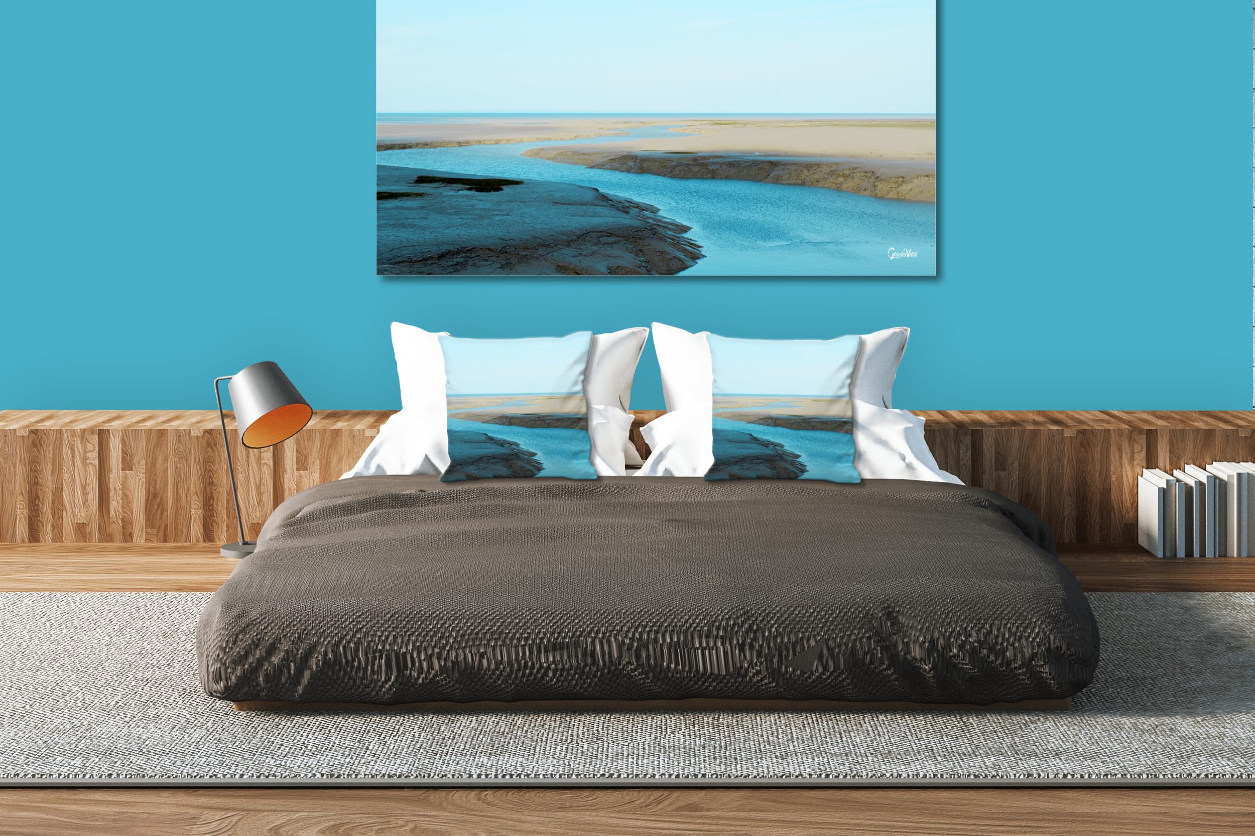 Glücksvilla - Wasserwege am Meer (Leinwand-Bild 2 cm, 160 x 80 cm) | div. Maße - aus DE - Kunstdruck Deko Wandbild quer - Frankreich Bretagne Atlantik Priel Siele Ebbe Flut Küste maritim türkis
