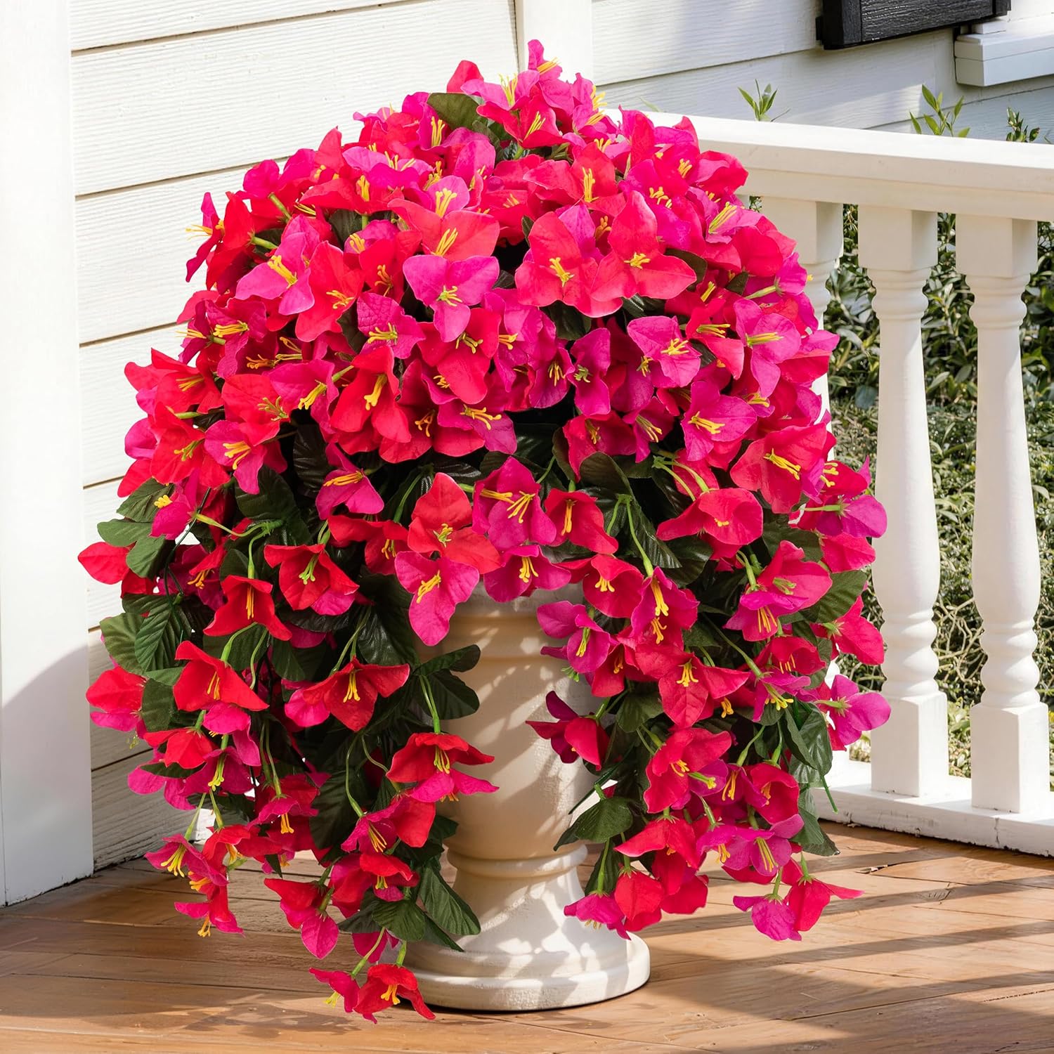 Artificial Hanging Flowers for Outdoors Faux Plants, 4PCS Artificial Outdoor Flowers for Spring Decor, UV Resistan Realistic Daisy Fake Hanging Plants for Indoor Planter Garden Porch(Tri-Color Red Mix