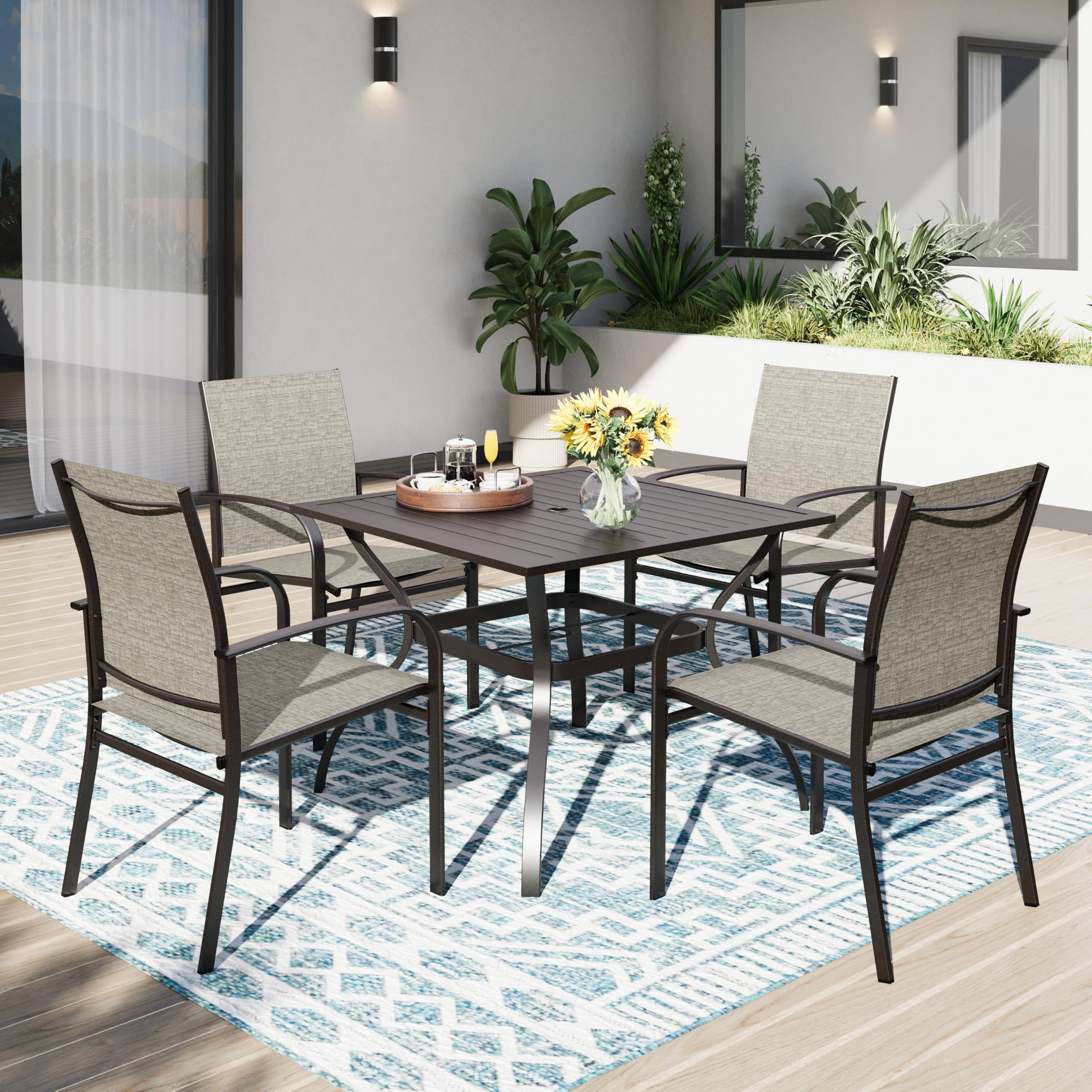 PHI VILLA Garden Furniture Patio Table and Brown Textilene Chairs Set 4