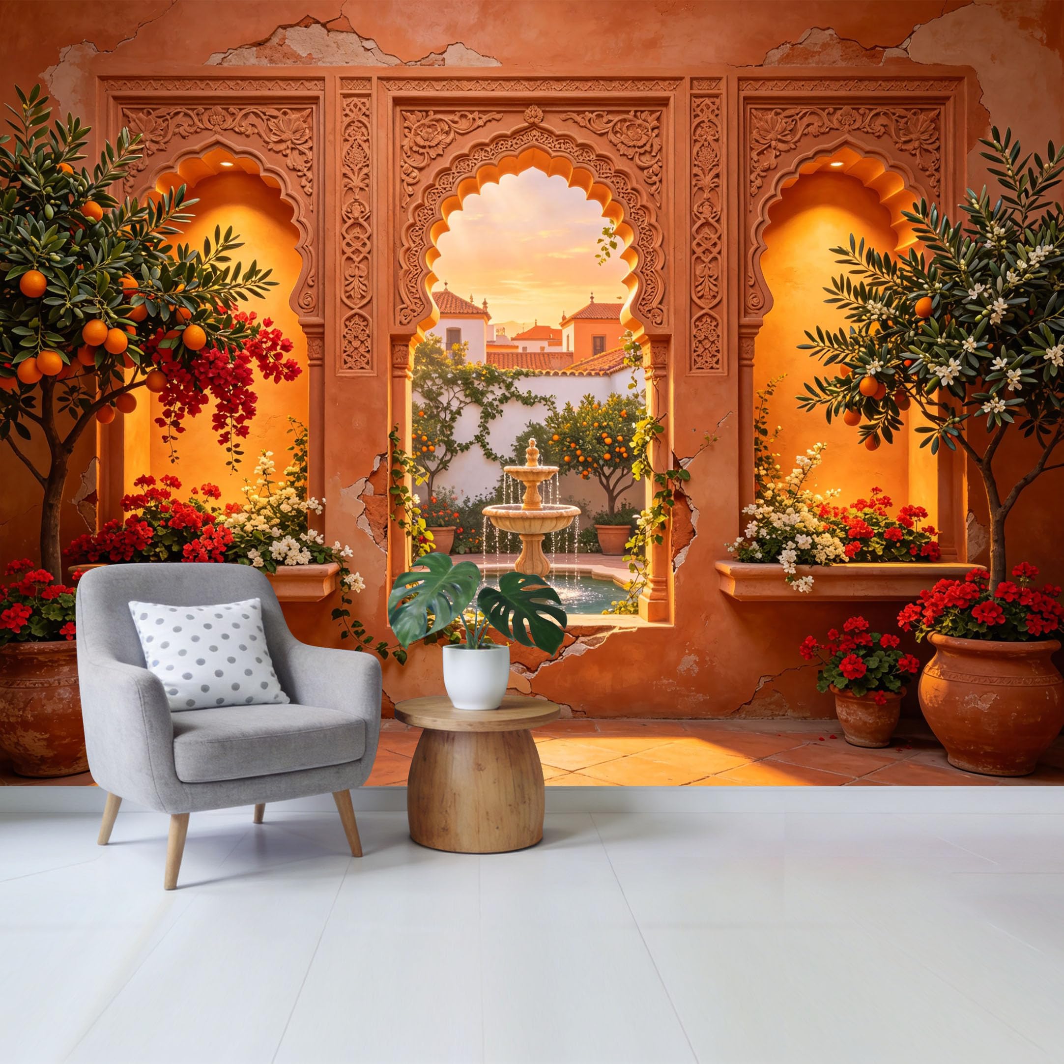 Removable Self Adhesive Fabric Mural， Mediterranean Garden Fountain Custom Size Wall Covering， UV Protected Waterproof Washable Wall Decor for Living Room Bedroom Bathroom