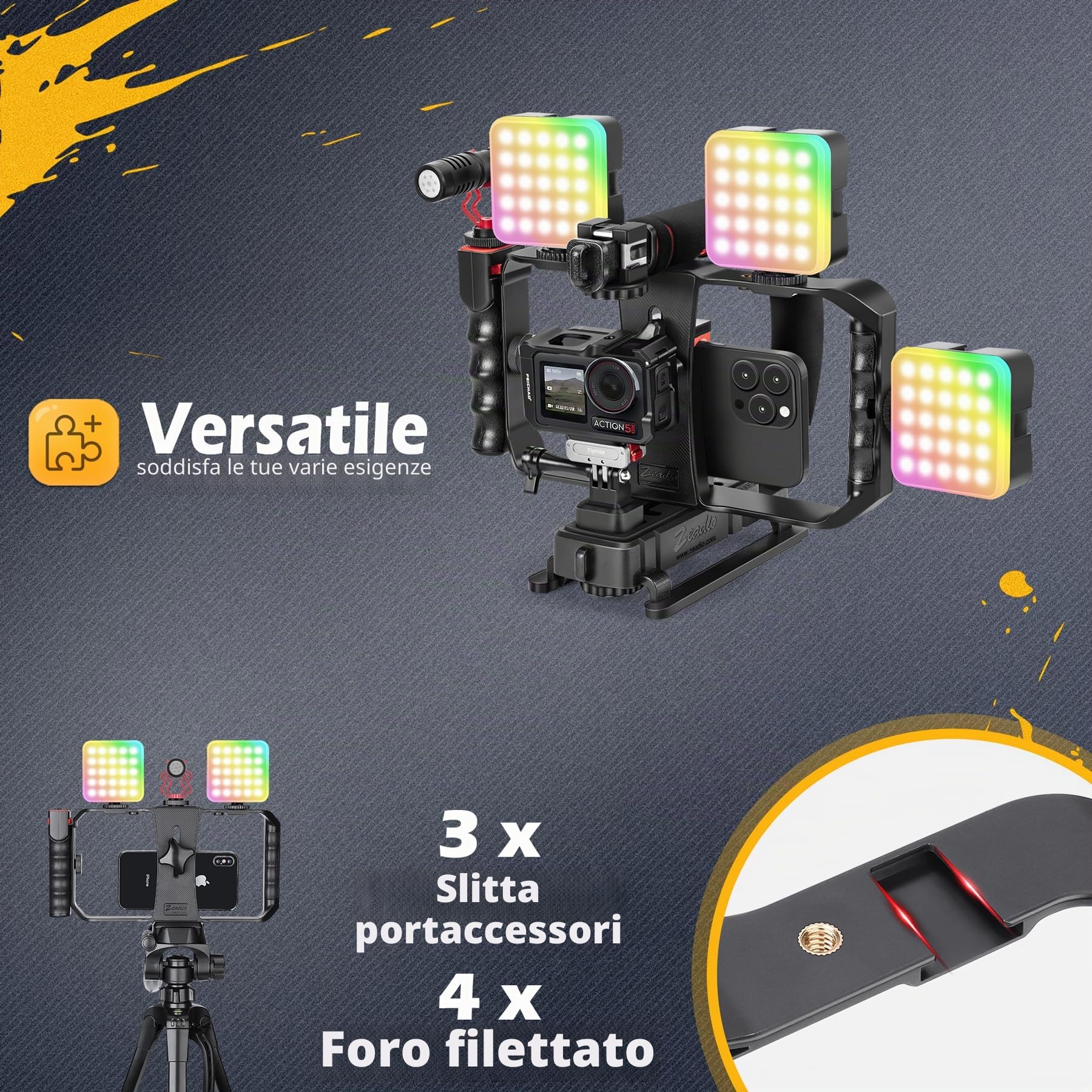 Zeadio Kit Video Rig Tutto in Uno con Stabilizzatore per Smartphone, Gabbia, Luce RGB, Microfono e Adattatore Action Camera, Compatibile con Smartphone, Action Cam, Videocamere, ecc
