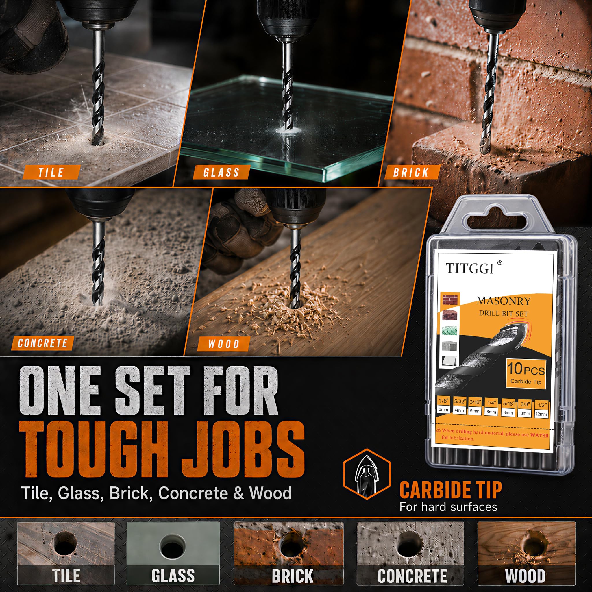 10-Piece Masonry Drill Bit Set, 7 Sizes, 1/8"-1/2" G8822