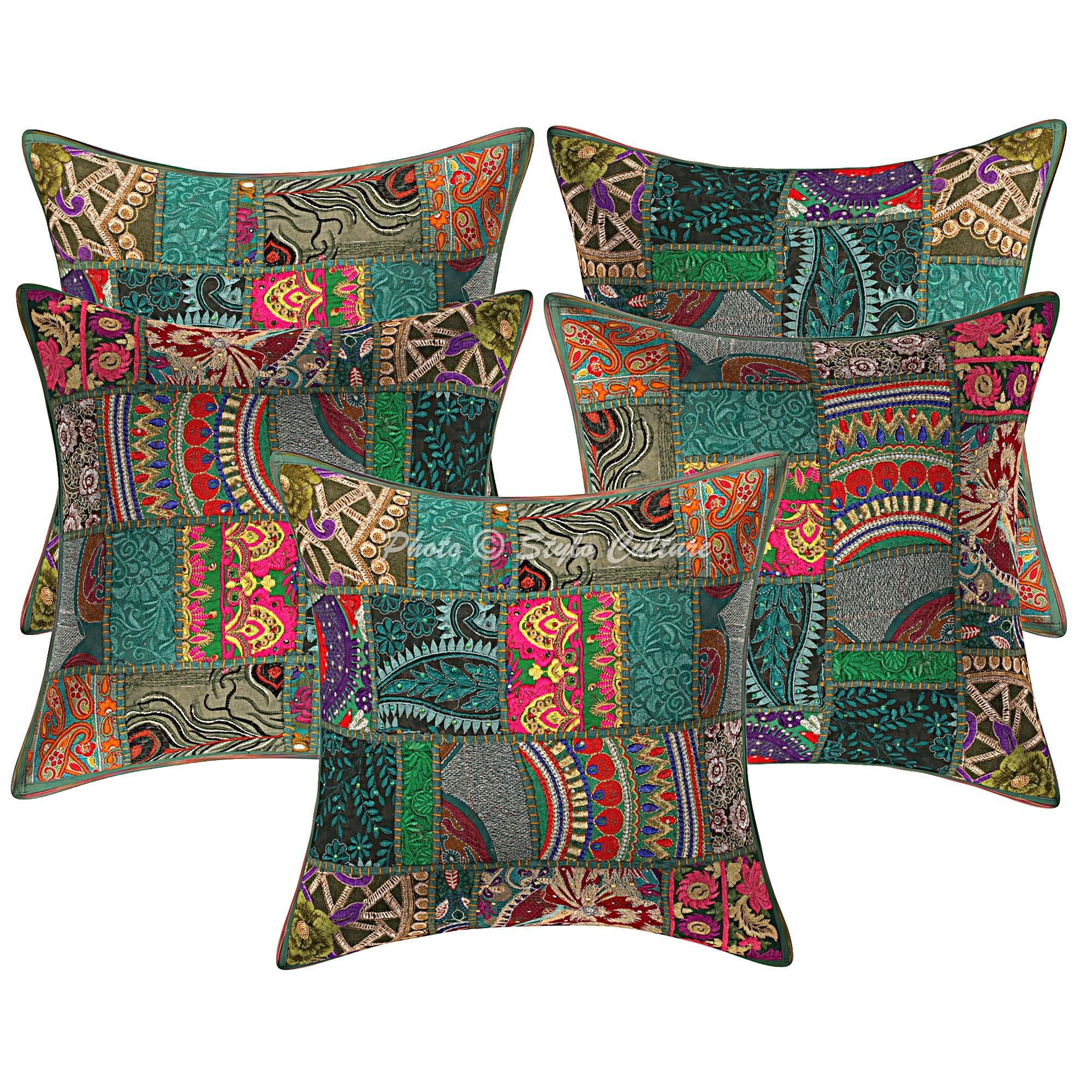 Bohemien Dekorativ Baumwolle Couch Kissenbezüge 40x40 cm Dunkelgrün Dekokissen Vintage Patchwork Schlafzimmer Sofa Kissen Bezüge Blumen Quadrat Umschlagverschluss Kissenhullen - 5 STK.