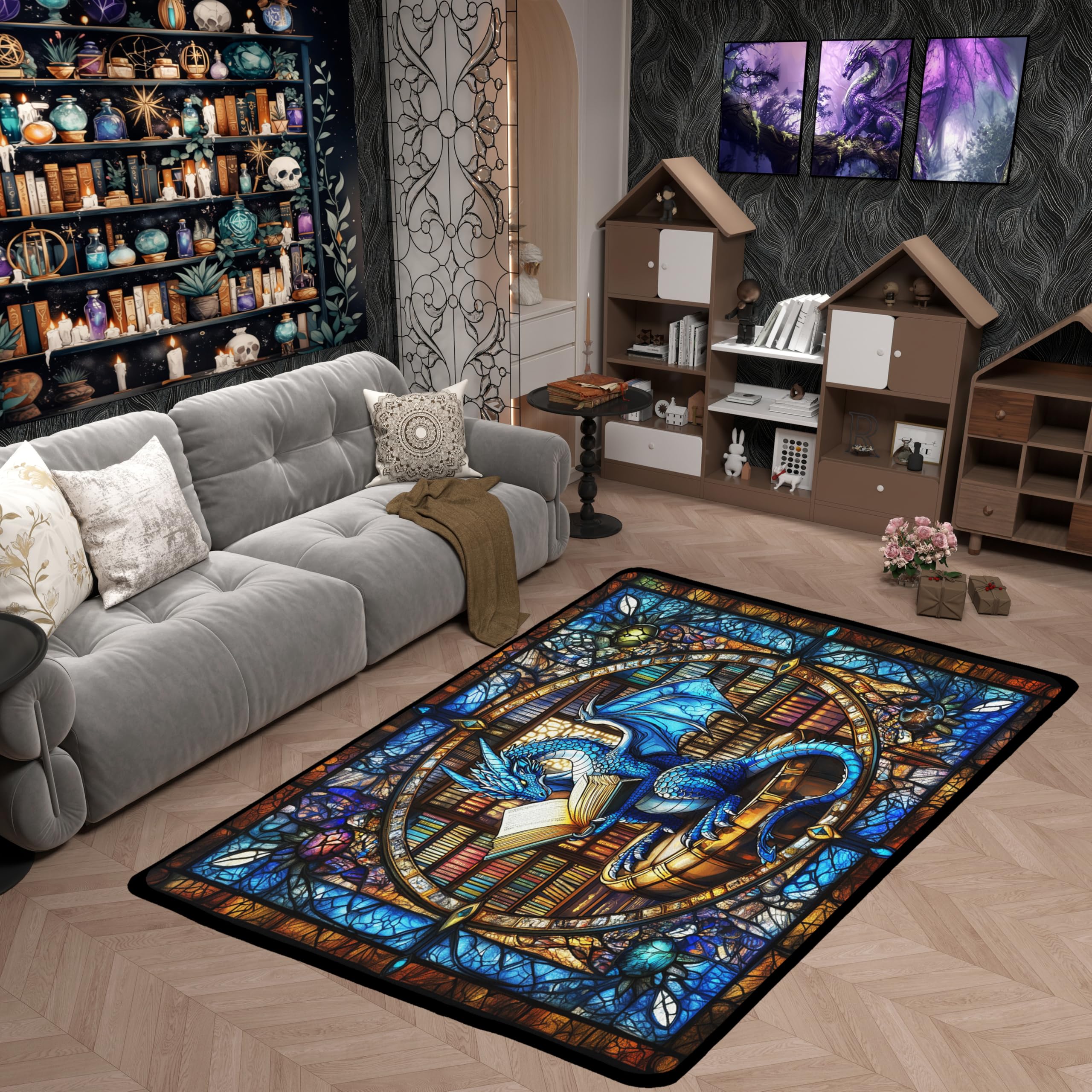 Western Dragon Kids Area Rug,Blue Dragon Reading Book Bookshelf Mats Rugs for Boys Girls,Geometric Patchwork Abstract Bath Carpets,Trippy Chic Bath