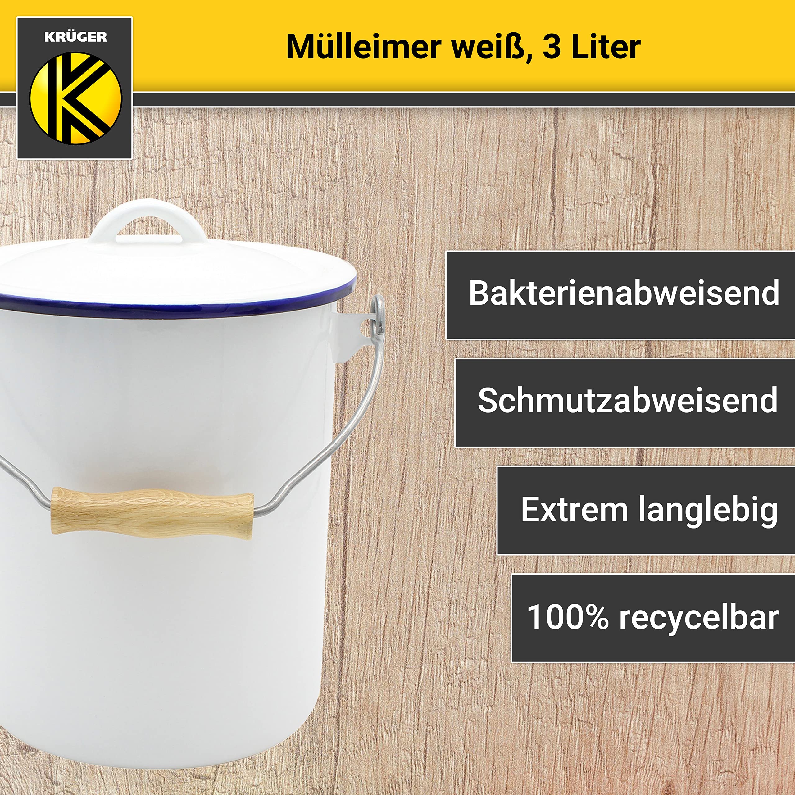 KRÜGER Mülleimer mit Deckel - Stahl Abfalleimer mit Emaille-Beschichtung und Holzgriff - schnitt- und kratzfeste Oberfläche - langlebig und vielseitig einsetzbar (3 Liter, weiß)