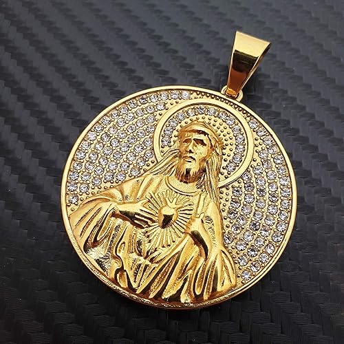 Miniatura 2 de Colgante de acero inoxidable con dije de medalla de Jesús Santo en tono dorado, Chapado en oro sobre acero inoxidable, Circonita Cúbica