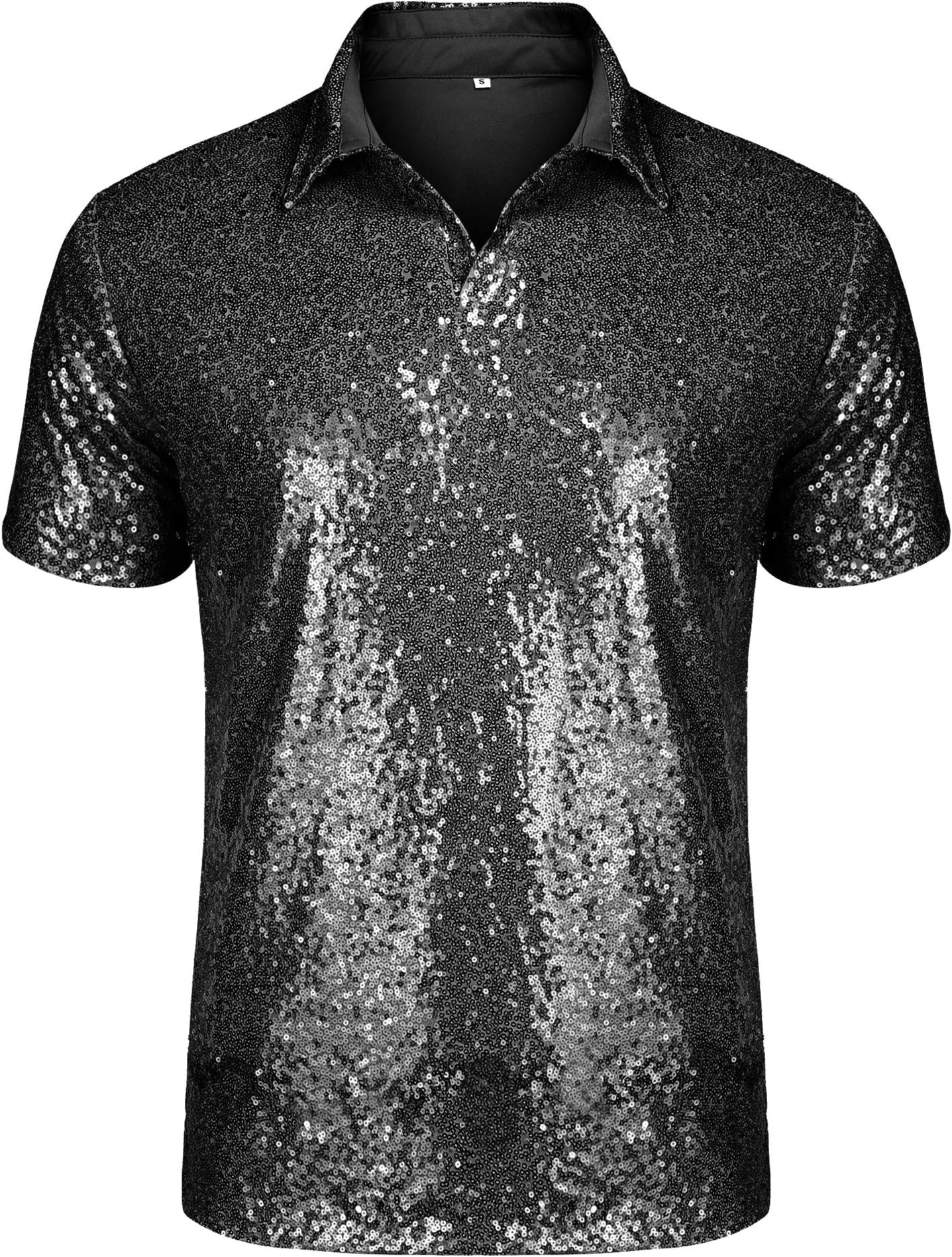 Men's Relaxed Short Sleeve Turndown Sparkle Sequins Polo Shirts 70s Disco Nightclub Party Shirt Tops