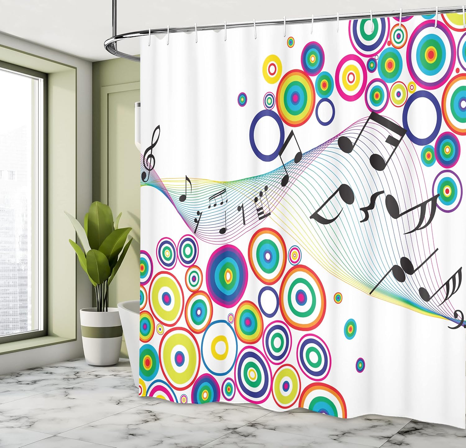 Ambesonne Music Shower Curtain, Music Notes in Rainbow Colored Plasma Geometrical Squares Circles Line Artwork Print, Cloth Fabric Bathroom Decor Set with Hooks, 69" W x 84" L, Multicolor