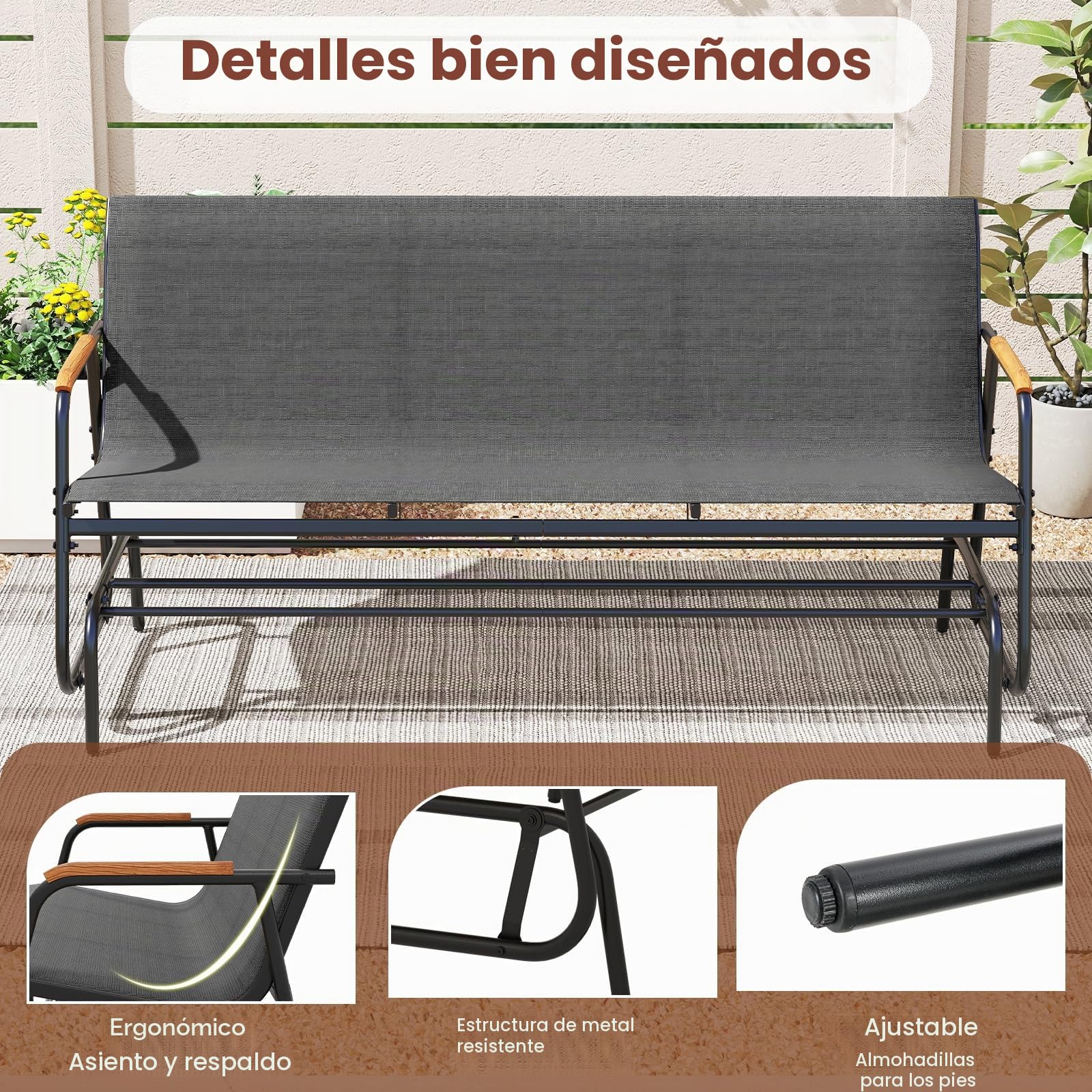 KOMFOTTEU Banco Balancín de 2/3 Plazas, Silla Mecedora de Jardín de Tela con Reposabrazos Curvos de Madera Maciza, Banco de Balanceo con Carga 300/450 kg, para Terraza, Exterior (74 x 169 x 84 cm)