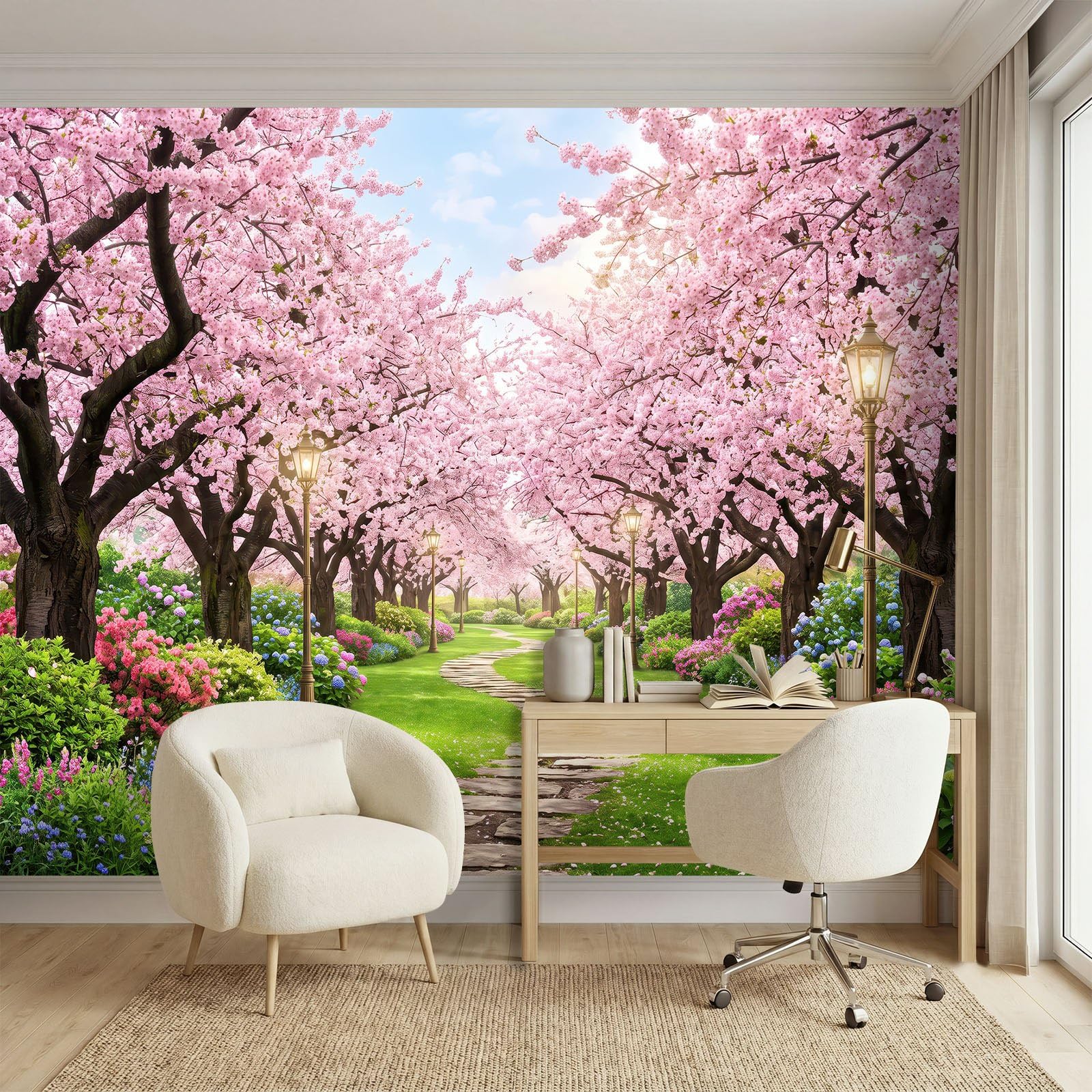 Vlies Fototapete Landhaus Bluehende Baeume Steinweg Straeucher Laternen - Fototapeten - Tapeten - für Wohnzimmer Schlafzimmer - Vliestapete Wandtapete Tapete 3D Effekt, 200 x 140 cm