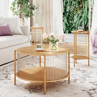 Brafab Boho Natural Fiber Rope Coffee Table Set of 3 - Round Rattan Living Room End Tables with Metal Frame (Natural)