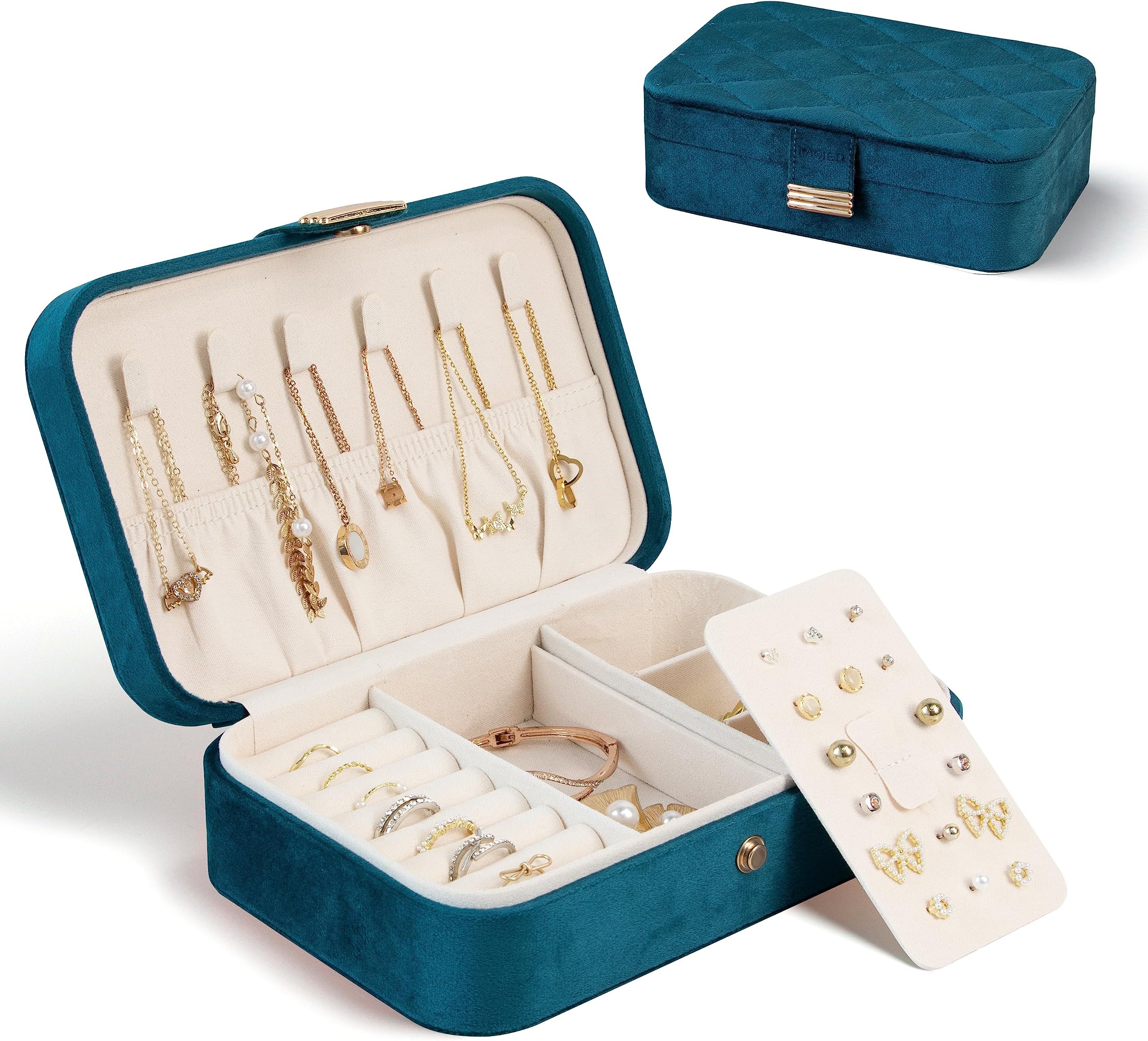 KAMIERKAMIER Plush Velvet Jewelry Box | Travel Diamond Quilted Jewelry Case Storage for Ring Earrings Necklace | Luxury Portable Jewelry Organizer for Women Girls(Peacock Blue)