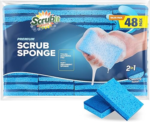 SCRUBIT Paquete de 48 esponjas de cocina  Esponja de doble cara  Ideal para lavar platos, cocina y baño  Esponjas azules para lavar platos junto con