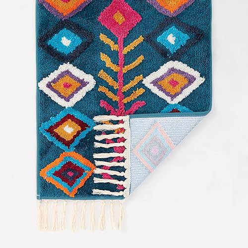 Miniatura 2 de Alfombra de baño bohemia con borlas, color azul marino, antideslizante, con flecos, para casa de campo, alfombra de baño esponjosa, lavable para