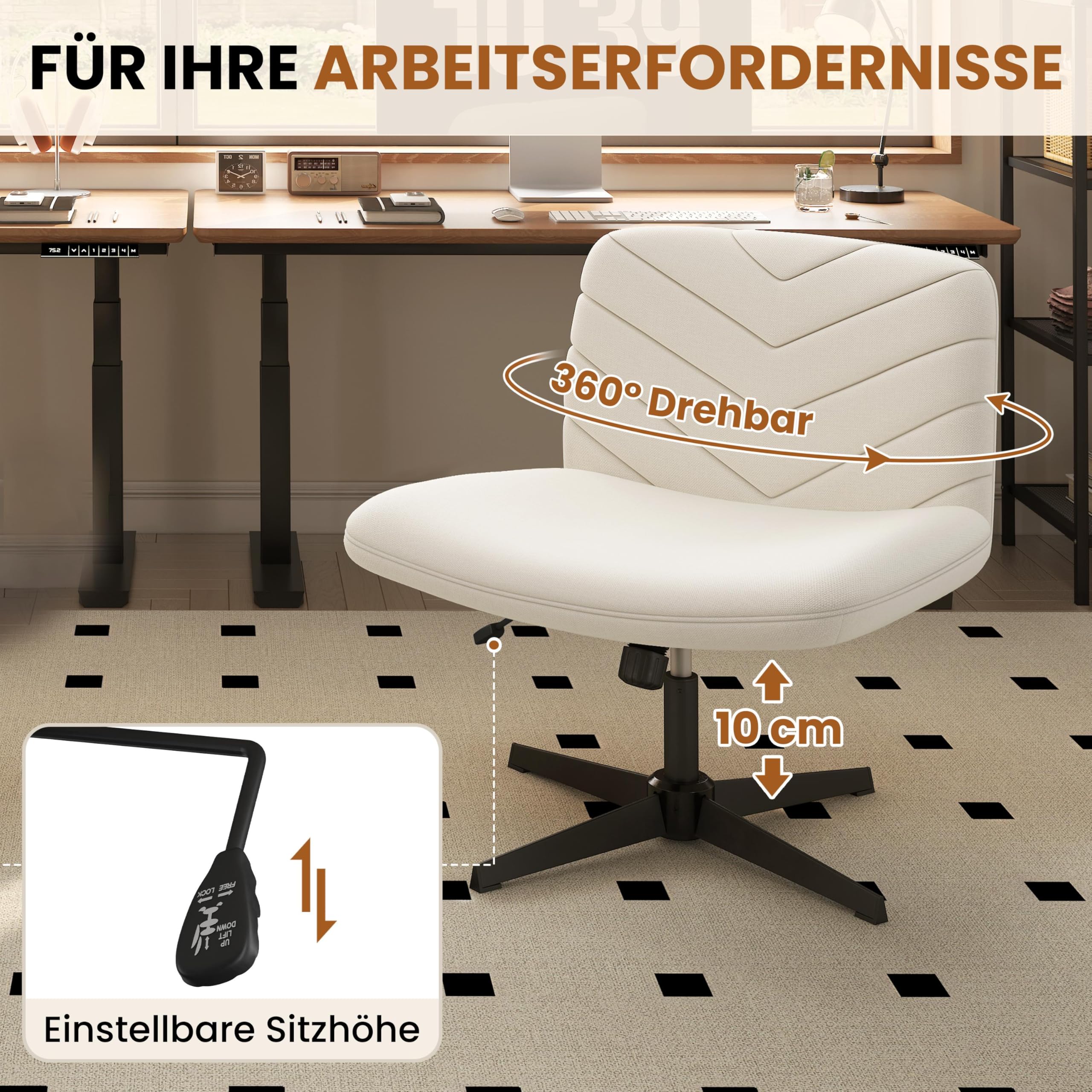Yaheetech Homeoffice Stuhl aus Stoff in Leinenoptik, Ergonomischer Bürostuhl, Schreibtischstuhl mit breiter Sitzfläche, Höhenverstellbarer Drehstuhl ohne Rollen als Schneidersitz-Stuhl Beige