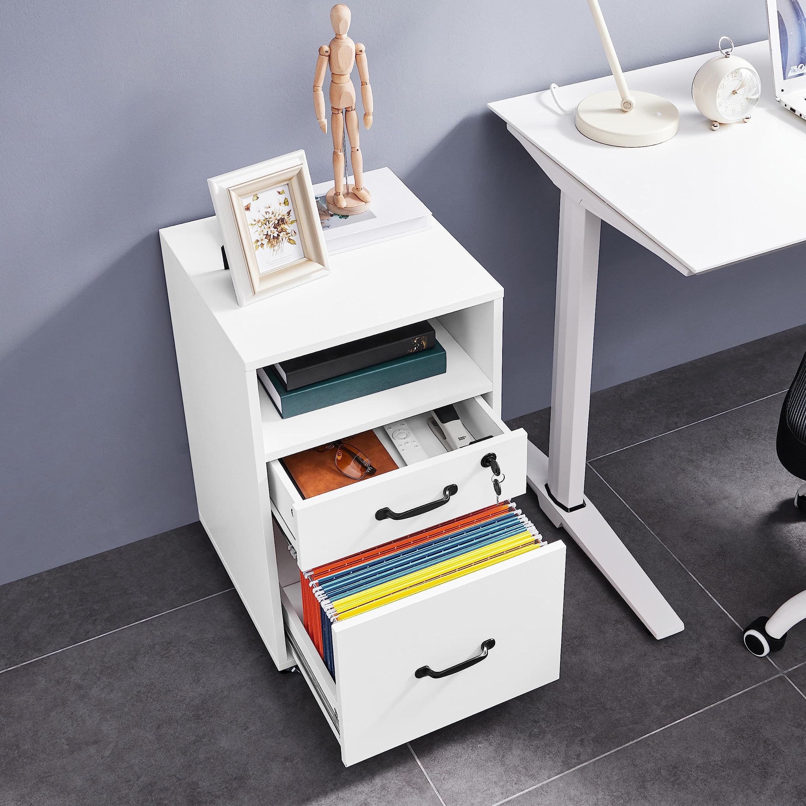 Yaheetech Cajonera Escritorio con Ruedas Cajonera de Oficina con 2 Cajones Mueble Archivador Móvil con Cerredura y Llave, Blanco para Carta A4 40×40×65,5cm