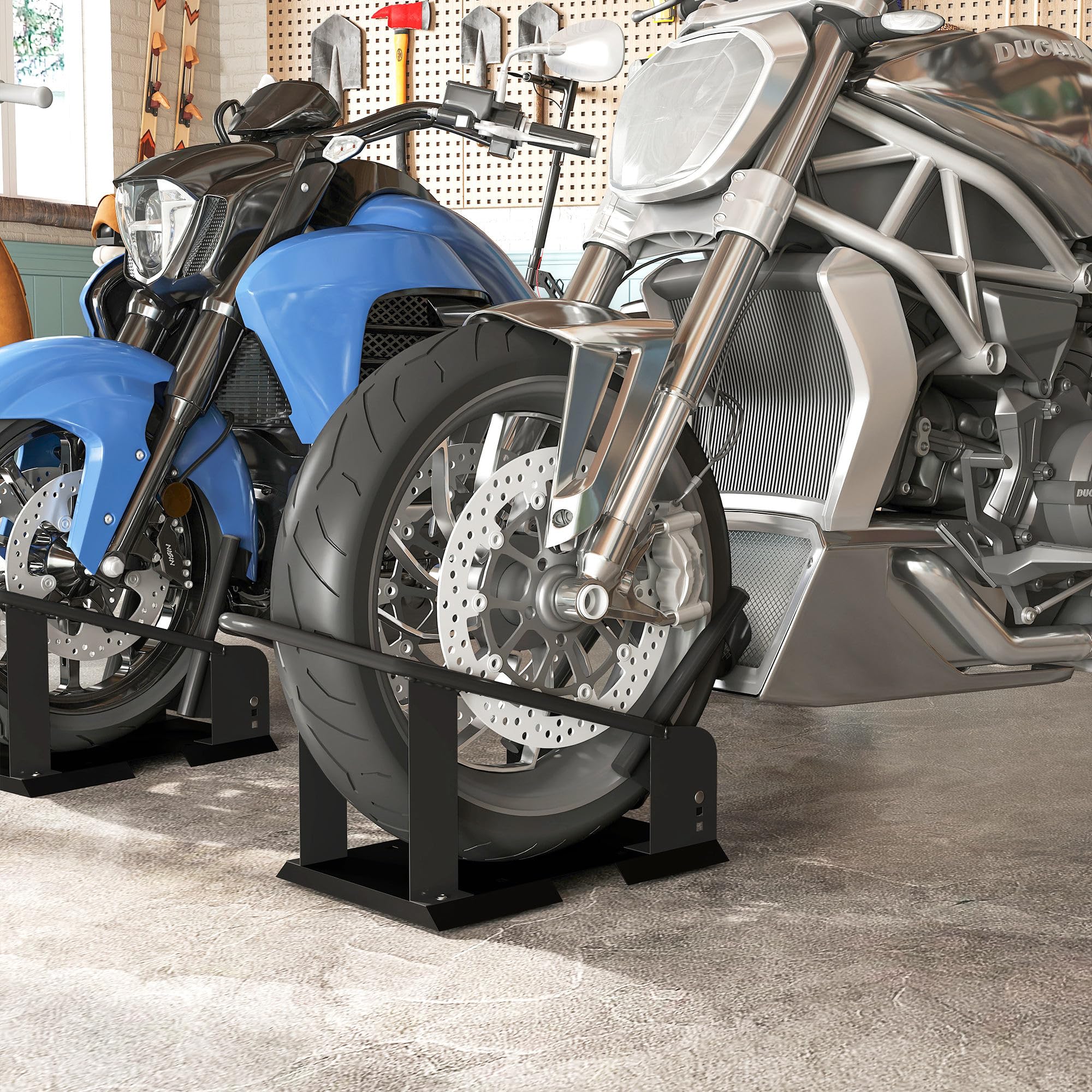 HOMCOM Caballete de Moto Delantera Carga 816,5 kg Robusta 3 Niveles Negro | Soporte para Rueda Delantera de Motocicleta, Altura Ajustable, para Ruedas Ø38,1-53,34 cm