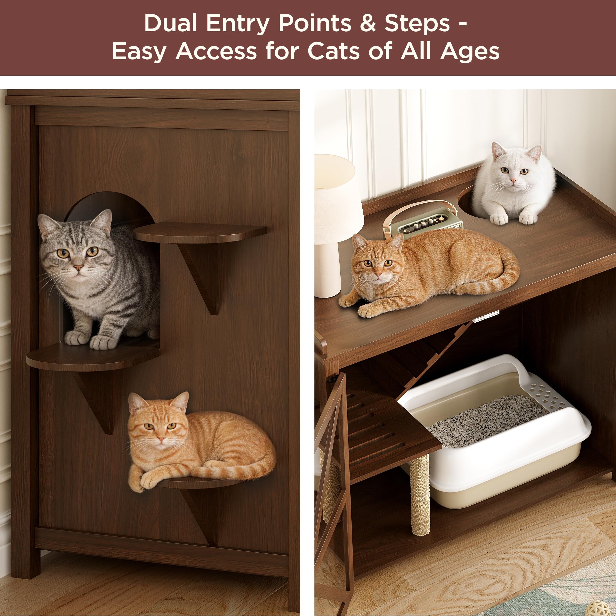Large Litter Box Enclosure with Sisal Scratch Post, Multi-Level Climbing Route, Cat Litter Box Furniture with Glass Door, Farmhouse Hidden Litter Box Cabinet, Cat Box Enclosure, Walnut - image 4