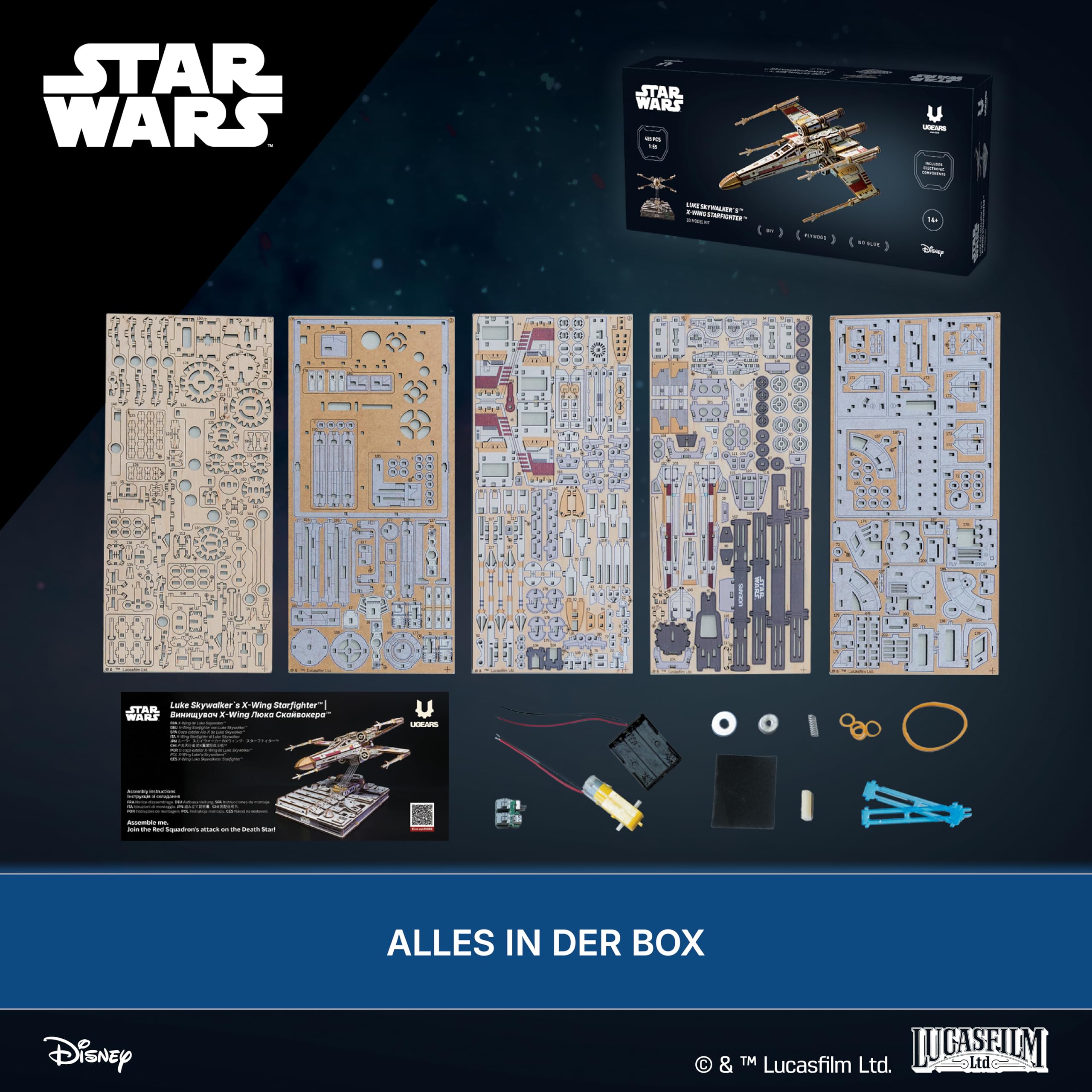 UGEARS Star Wars ™ X-Wing Starfighter von Luke Skywalker ™ – 3D Puzzle Holz Modellbausatz Erwachsene, Holzpuzzle Erwachsene 3D, Holz Modellbau Baukasten, Star Wars Geschenk 3D Puzzle Weihnachten