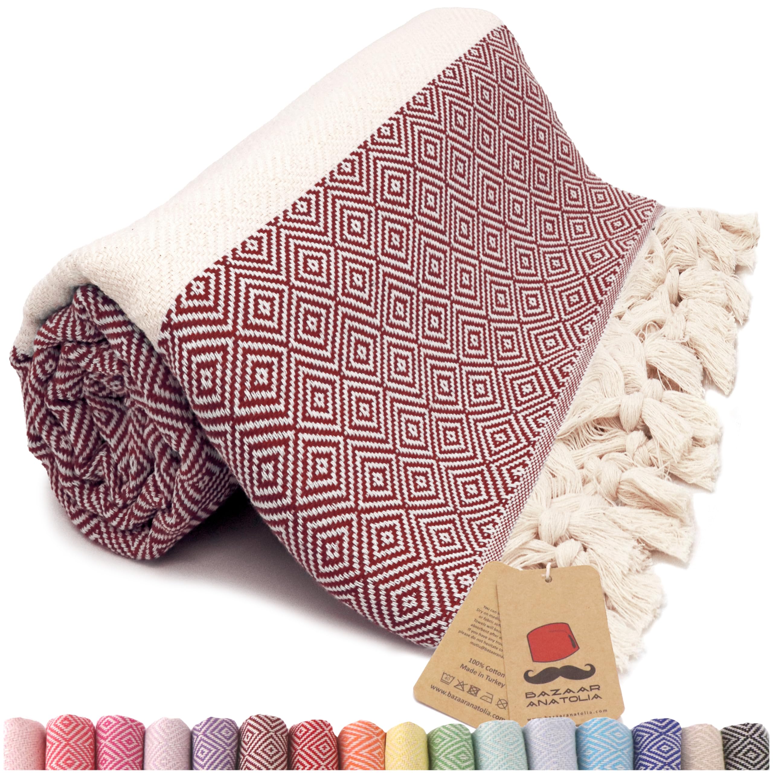 Bazaar Anatolia Diamond Turkish Towel 100% Cotton Peshtemal Bath Towel 77x38 Thin Lightweight Travel Camping Bath Sauna Beach Gym Pool Blanket Fouta Bridesmaid Gift Quick Dry Towels (Maroon)