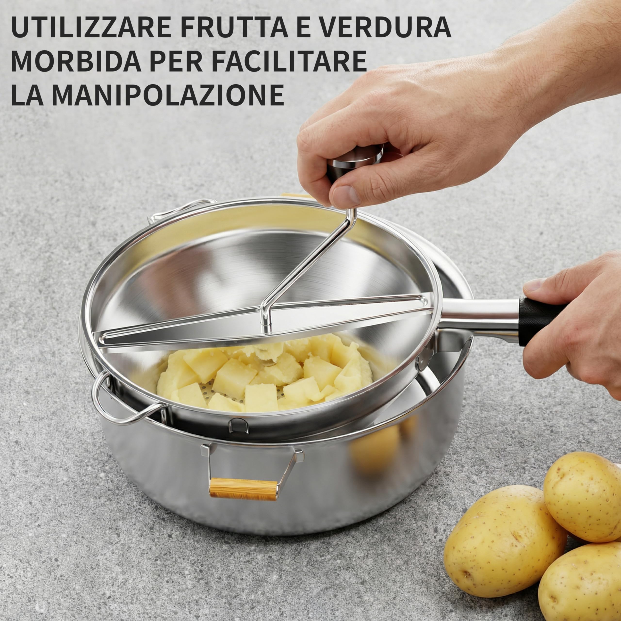 Passatutto in acciaio inox, 3 Dischi in dotazione, macina a manovella per alimenti per,design ergonomico rotante per salsa di pomodoro e purè di patate (Acciaio inossidabile)