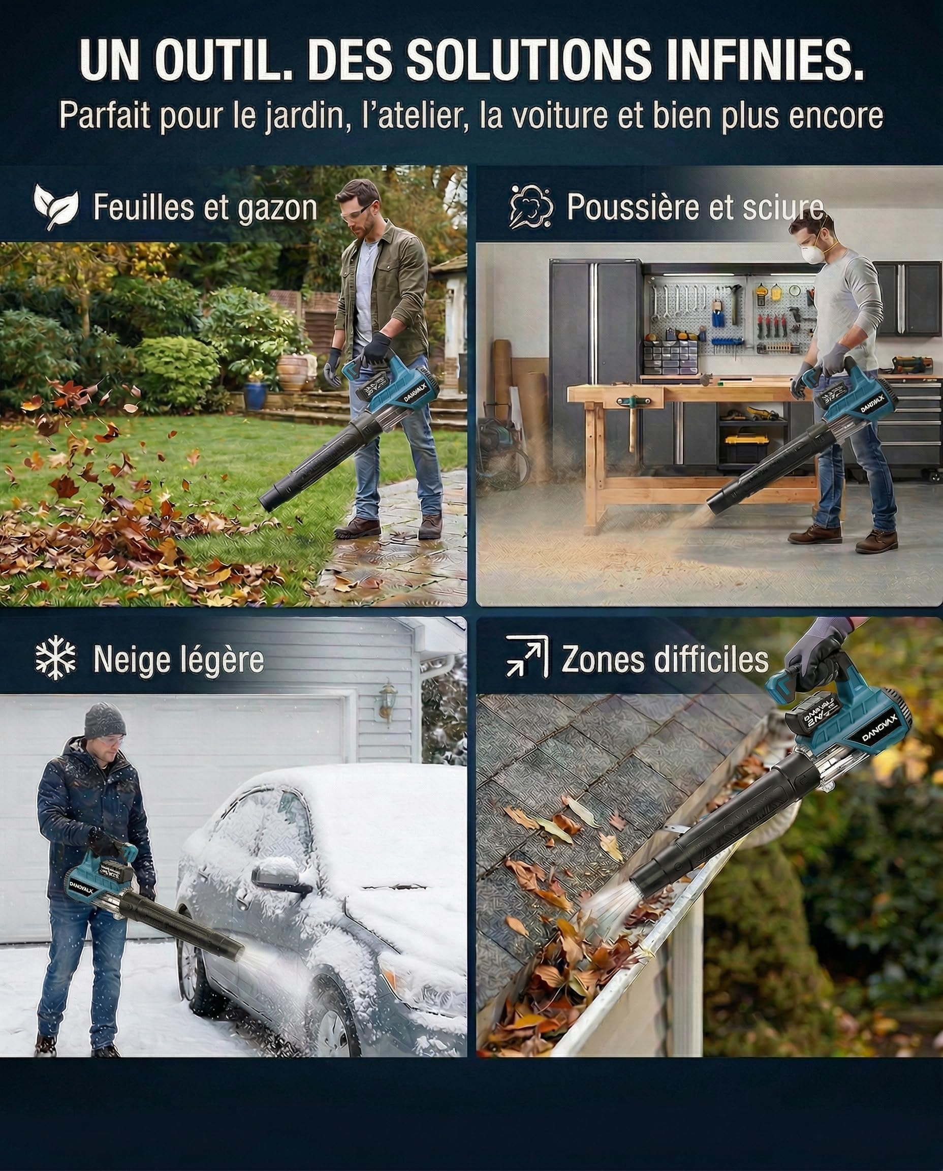 Souffleur Batterie - 2 Batteries 4 Ah Incluses - Moteur Brushless - 3 Vitesses - Grande Puissance de soufflage jusqu'à 260 km/h - Chargeur avec Base - Sac de Transport et Gants Inclus