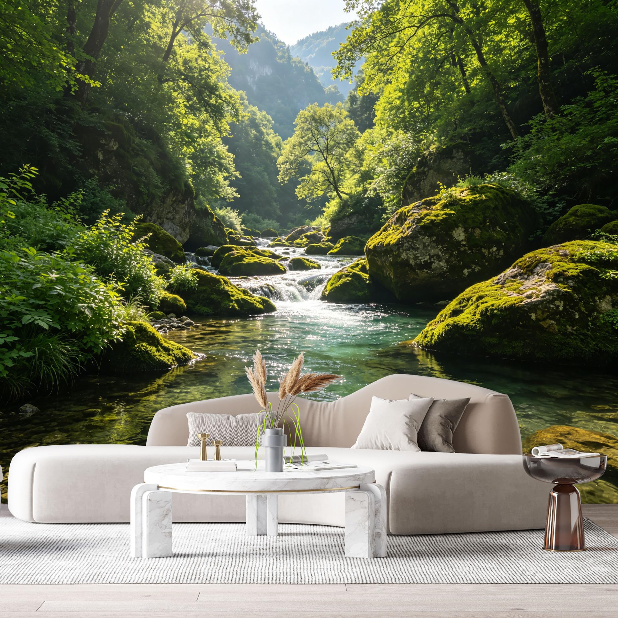 Custom Size Wall Murals Forest Landscape Waterfall River Rocks Sunlight Nature SelfAdhesive Wall Fabric Removable Large Wallpaper for Photo Living Room