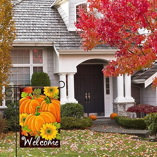 Miniatura 10 de Texupday Bandera de bienvenida de otoño con diseño de calabazas, girasoles, decoración de casa, bandera de otoño para exteriores, 28 x 40 pulgadas
