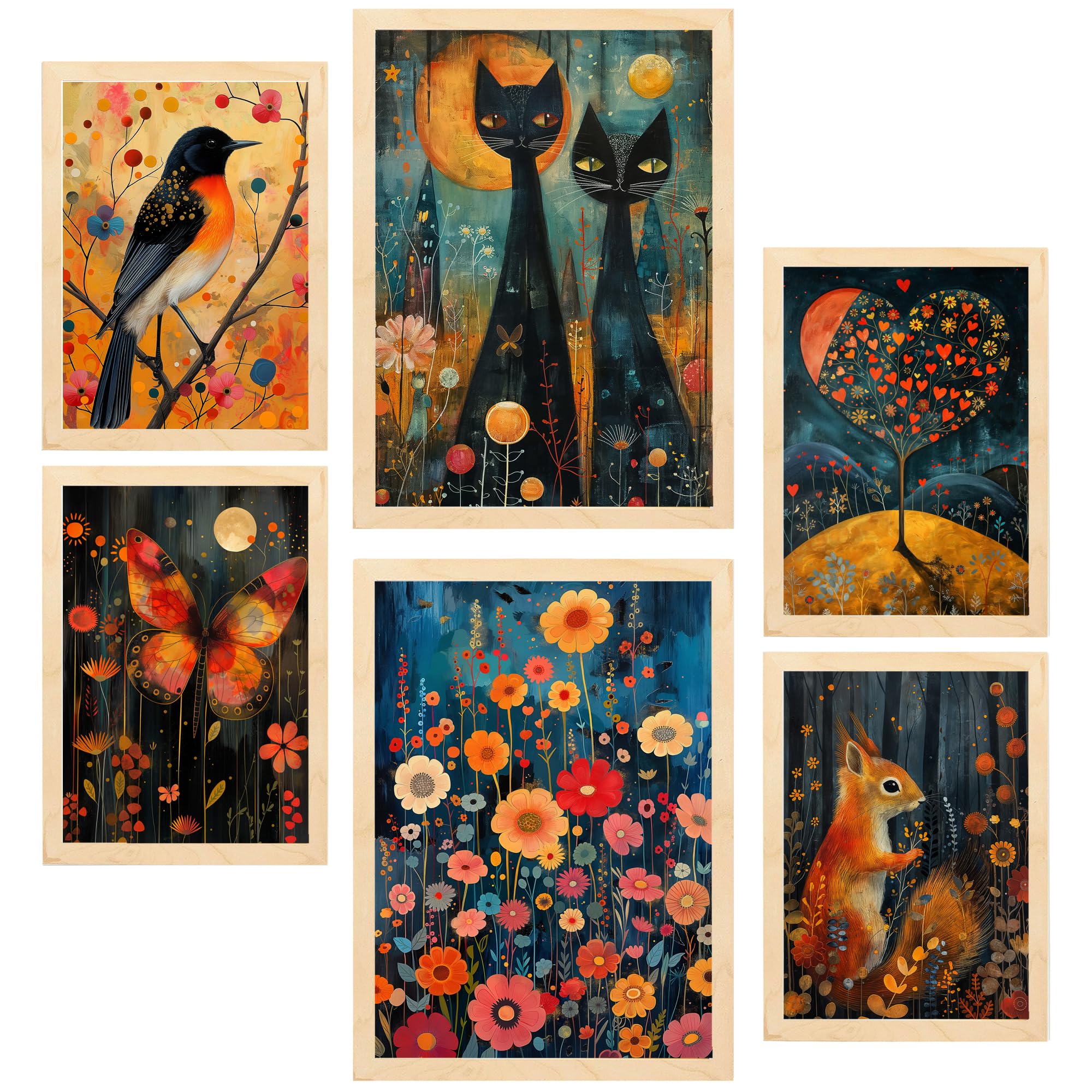 Nacnic Set of 6 posters Animals And Nature Inspired By Rosina Wachtmeister Framed prints with design illustration to decorate walls of home. Room, office. A3 & A4 Light Wood Frame