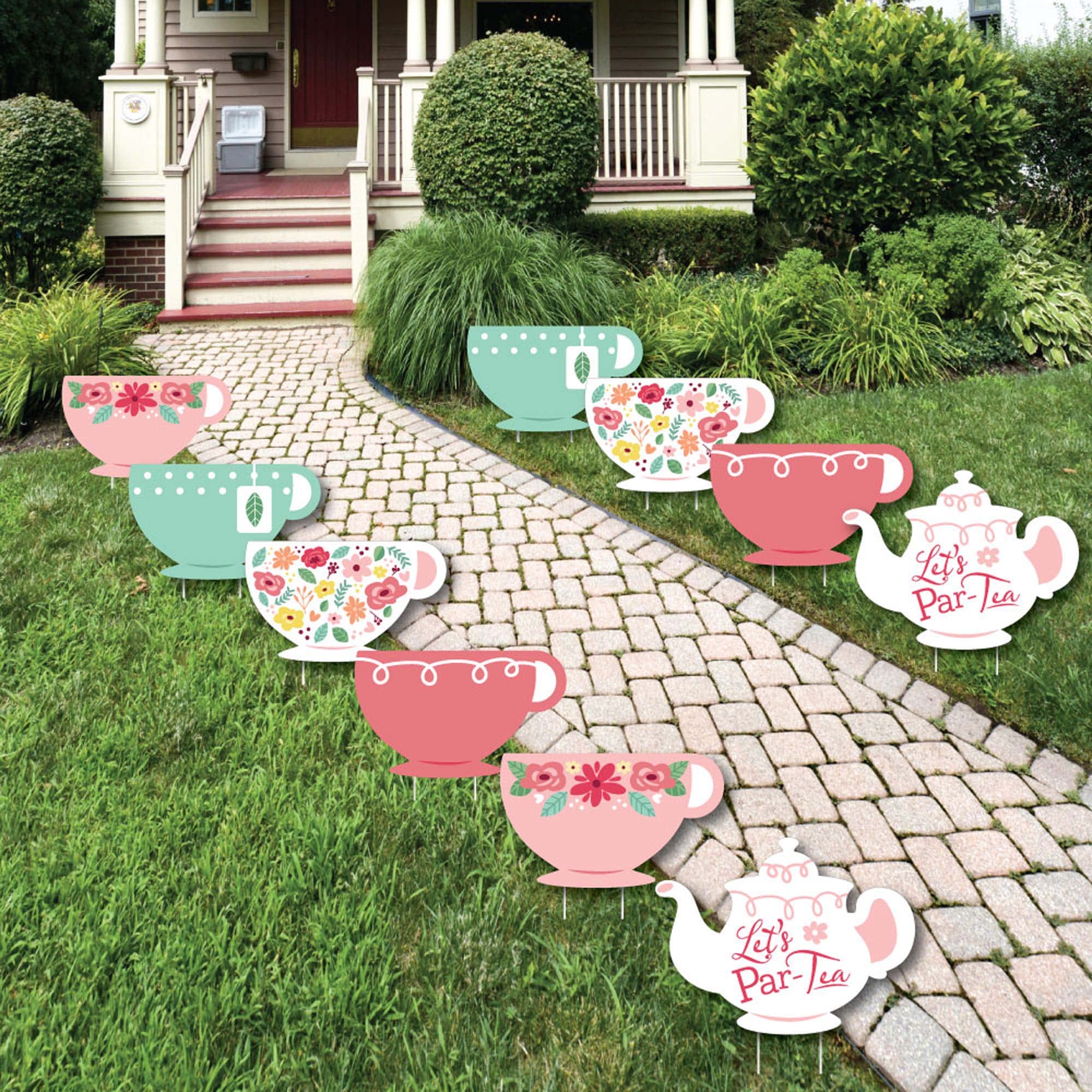 Big Dot of Happiness Floral Lets Par-Tea - dzbanek do herbaty i filiżanka do herbaty dekoracje trawnika - ogród na zewnątrz dekoracje na podwórko herbaciane - 10 sztuk