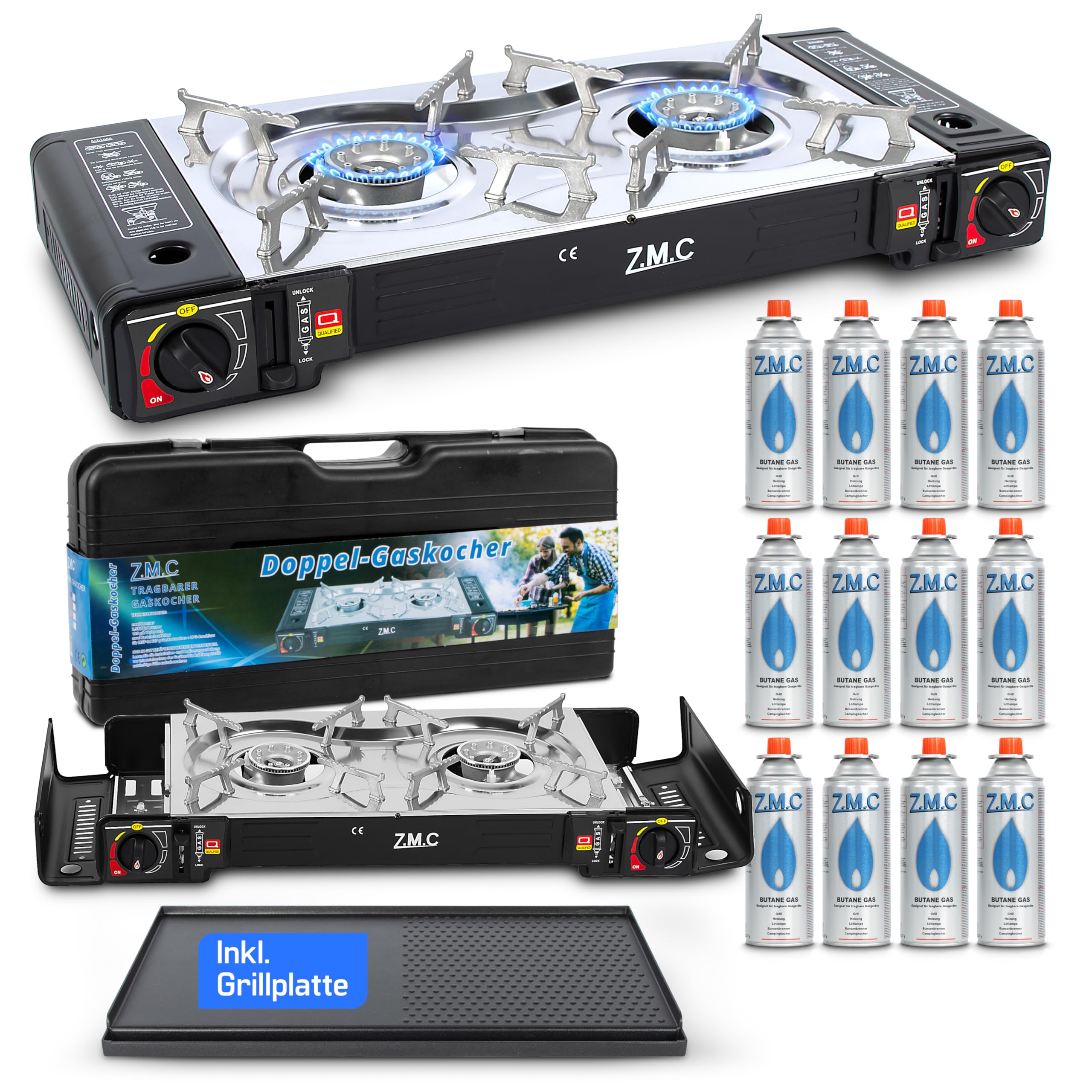Z.M.C Réchaud à gaz 2 flammes 2 x 2,5 kW - Adaptateur GPL + mallette de rangement - Réchaud de camping avec allumage piézo - En option avec plaque de cuisson et cartouches de gaz de 227 g - Pour
