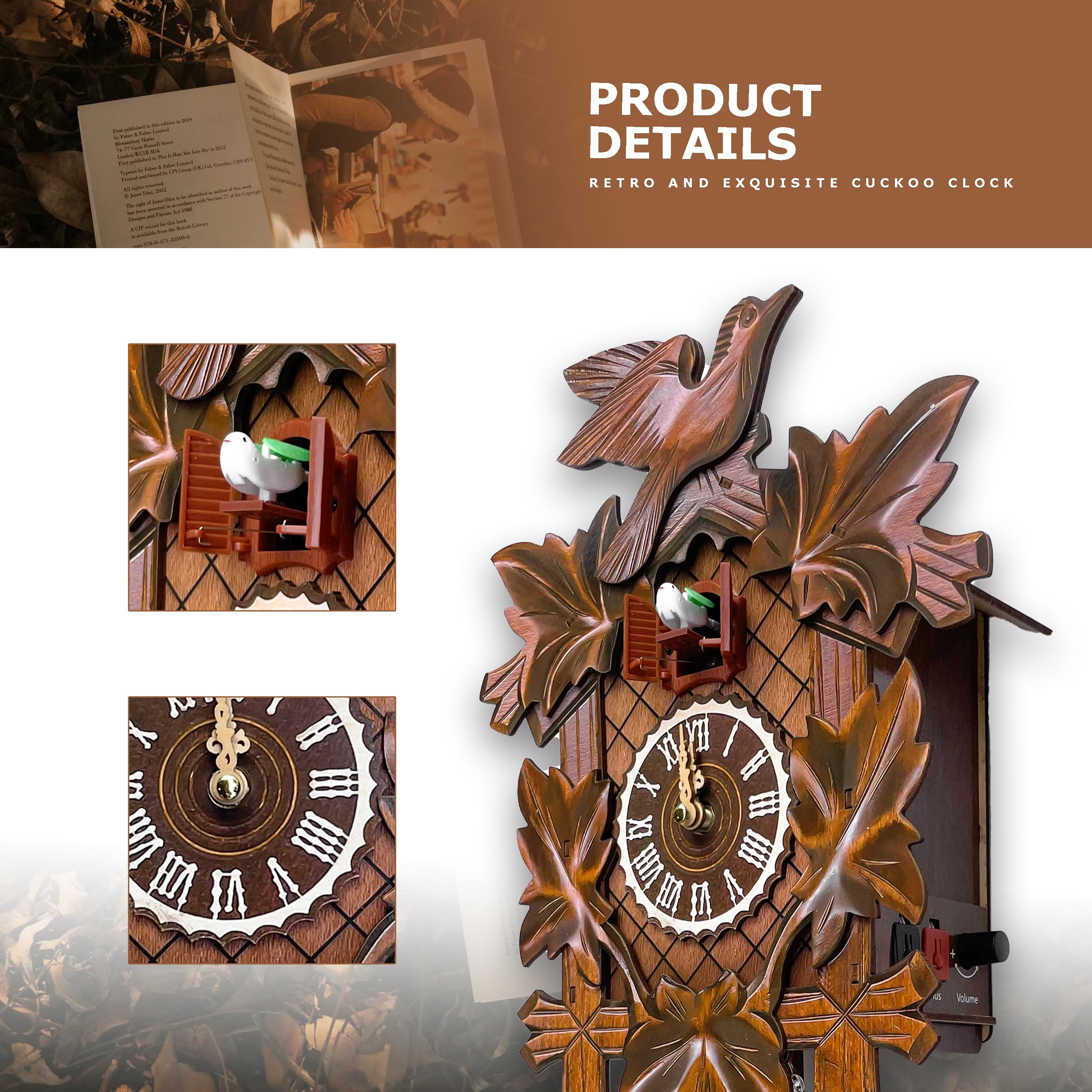 STRONGBERRY Handcrafted Cuckoo Wall Clock with Silent Movement, Pendulum & Chime Function - Classic Vintage Wooden Cuckoo Clock - 18.11 x 9.84 x 3.94 inches