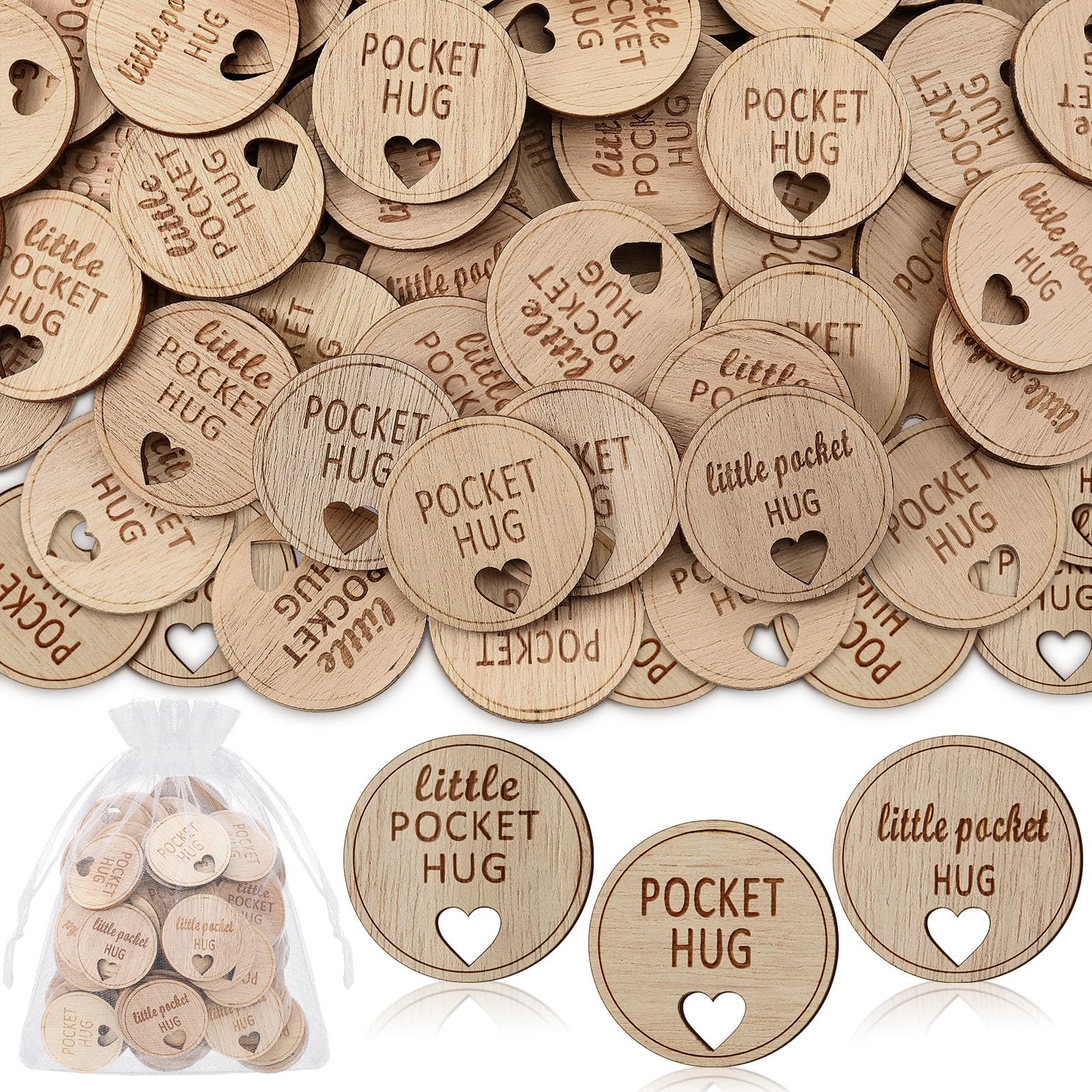 CroBlissfulCroBlissful 150 Pcs Round Wooden Pocket Hug Token Bulk with 3 Pcs Organza Bags Remembrance Little Heart Star Round Pocket Hug Keepsake for Family Birthday Celebration of Life Funeral Love Gifts