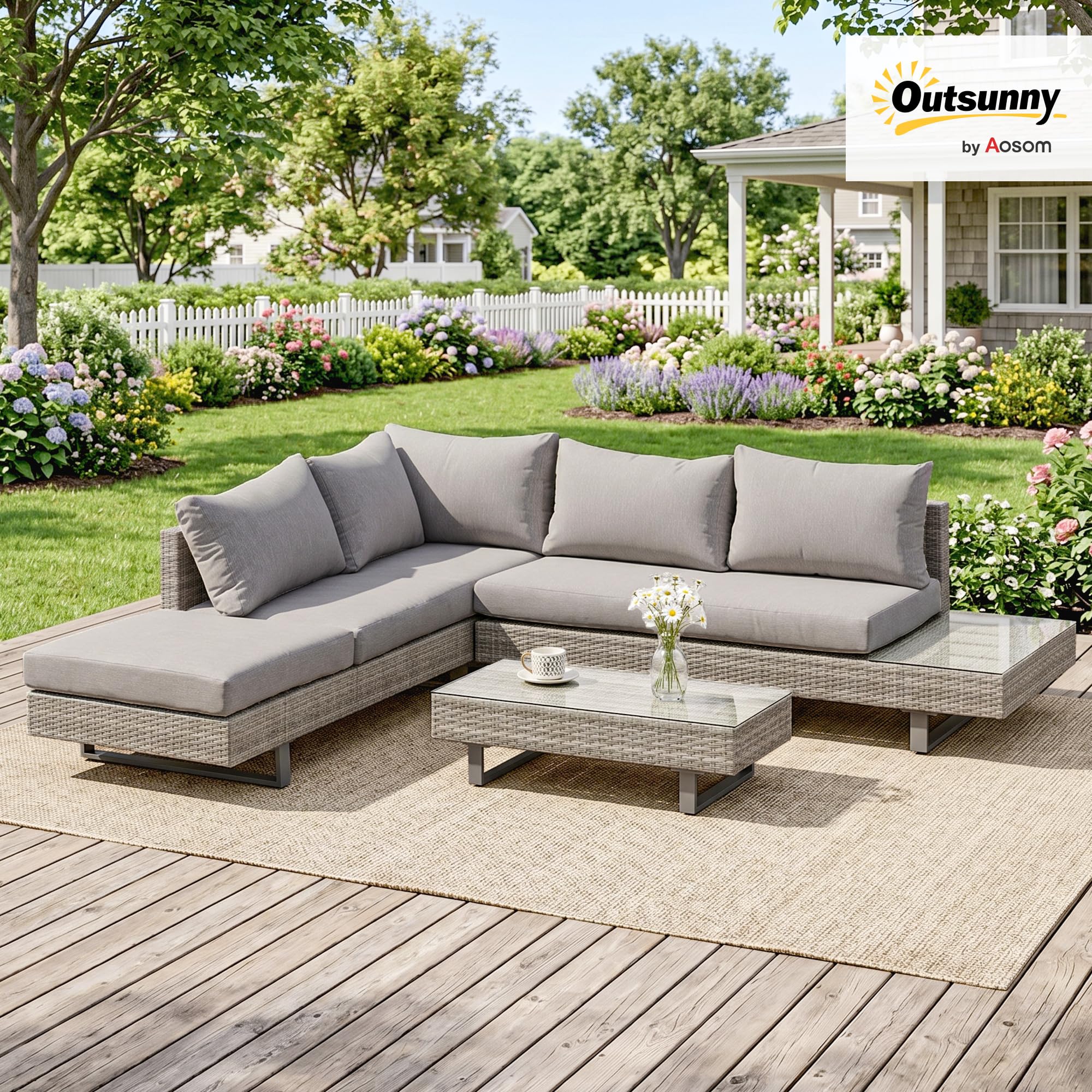 Outsunny Polyrattan-Lounge-Set 3-TLG. Couchtisch Beistelltisch Wetterbeständig Grau + Braun | Couchtisch, Beistelltisch