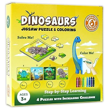 Butterfly EduFields 4-in-1 Dinosaur Jigsaw Puzzle Set for Kids | 38 Pcs Brain Boosting Puzzle Toy for Boys & Girls Age 3 4 5 6 7 | Preschool Learning with Coloring Sheets | Dino Gift for Kids - image, photos