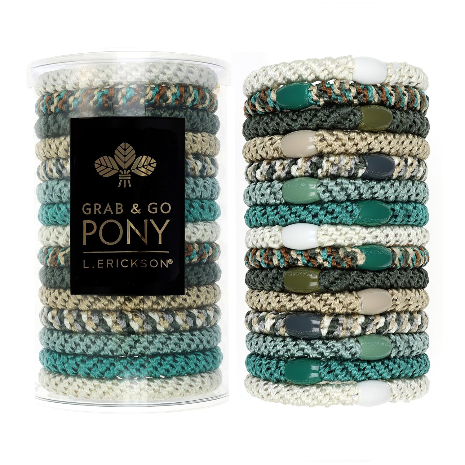 L. Erickson Hair Ties for Thick Hair, Grab & Go Pony Tube 15 Pack Neutral Tones - No-Crease Damage-Free Bands with Strong Hold for Women & Men, Moss