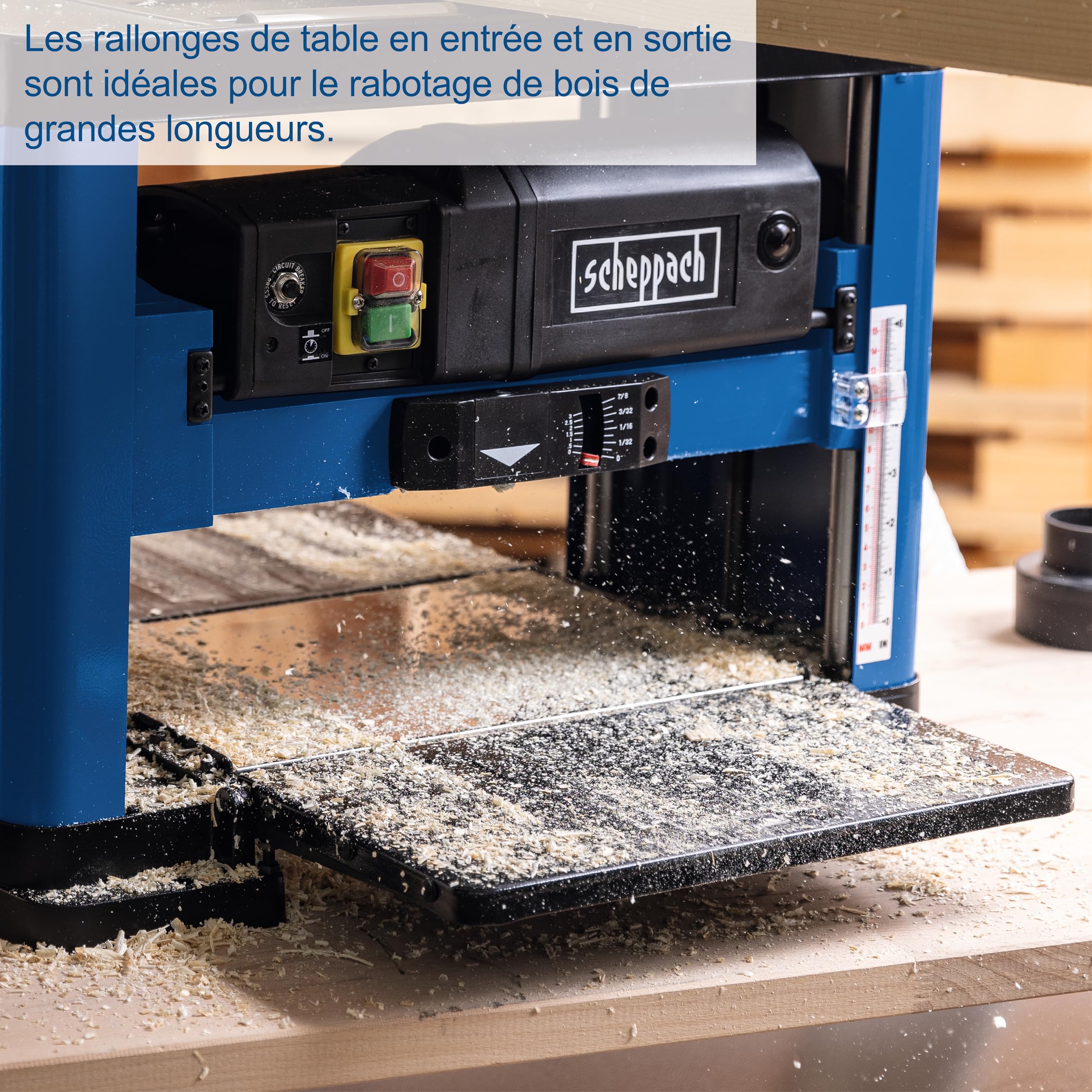 Scheppach Raboteuse PLM1800 | 1500W | Arbre de Rabotage Ø48mm | Vitesse de Rotation de l'arbre de Rabotage 8500 min-1 | Hauteur/largeur de passage : 152 mm / 330 mm | 2 fers en Acier Rapide