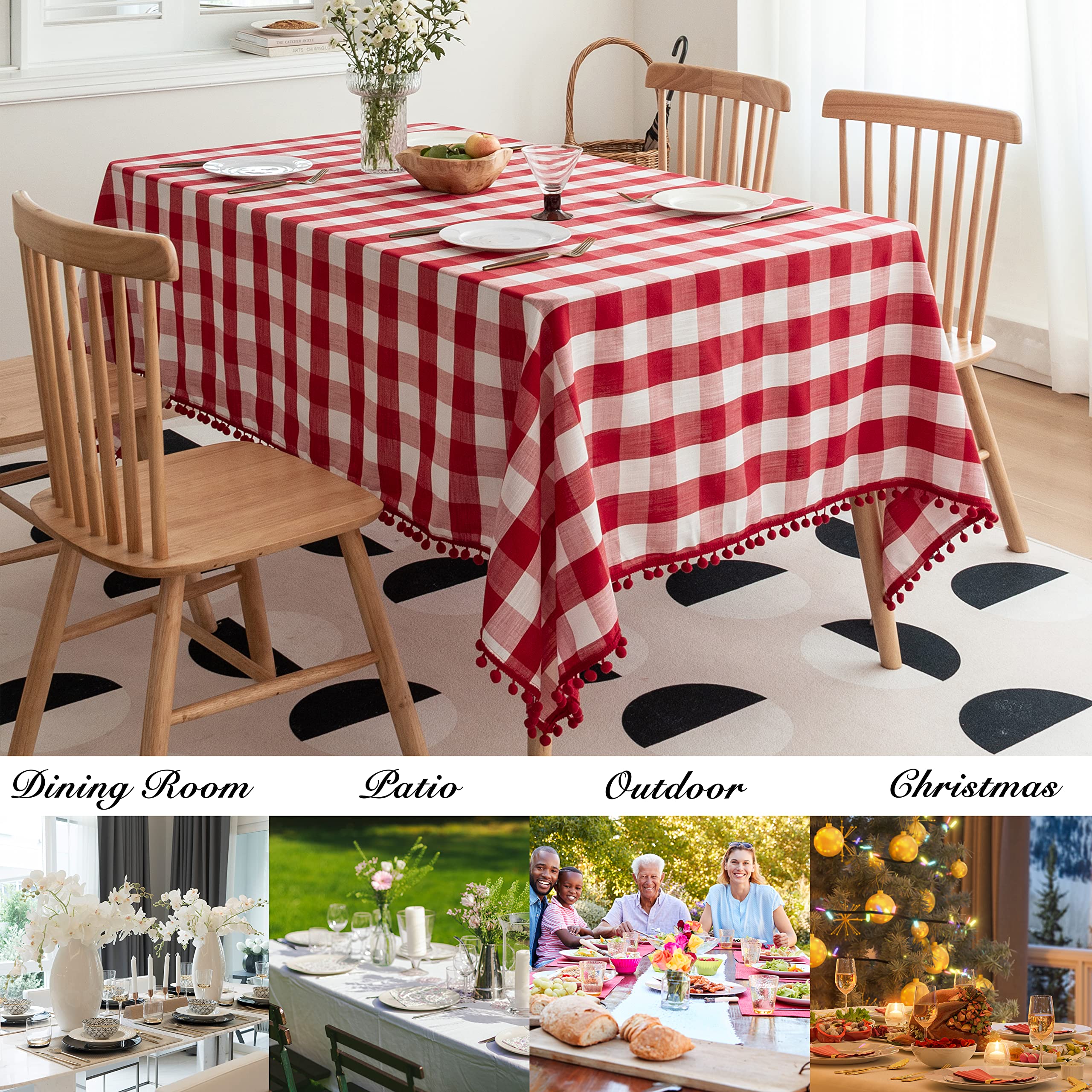 Jubilantex Mantel rectangular con pompones, color rojo y blanco, con pompones, con textura de lino rústico, con borlas, para mesa de comedor de cocina, 60 x 84 pulgadas