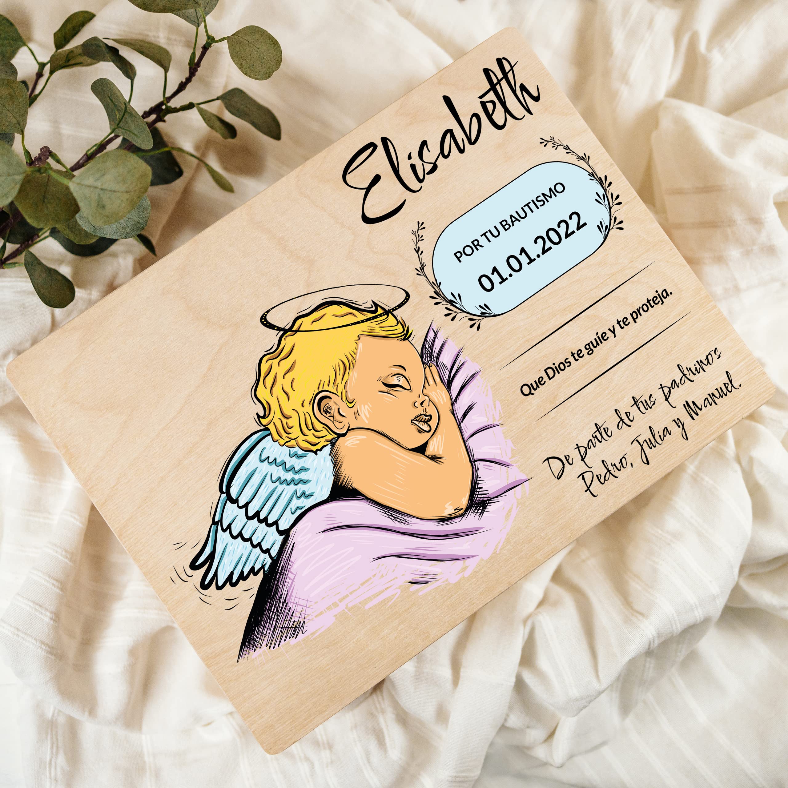 Creative DECO Caja Regalo Personalizada Bautismo para Niños y Niñas | Caja de Memoria de Madera| Personalizado - Ángel | Impreso | Personalizadas para Niño y Niña | Personalizados