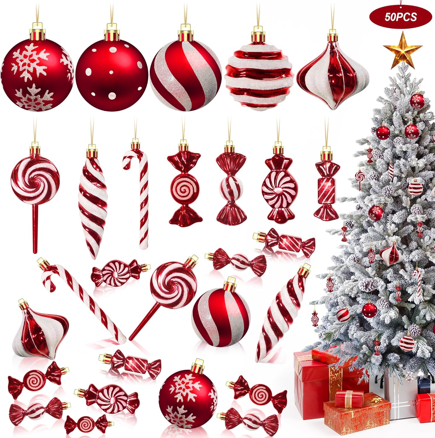 50Pcs Christmas Candy Cane Ornament Lollipop Ornaments for Christmas Tree Decorations,Red and White, 12 Style Assorted Shapes with Hanging String for Xmas New Year Holiday Festival Home Party Decor