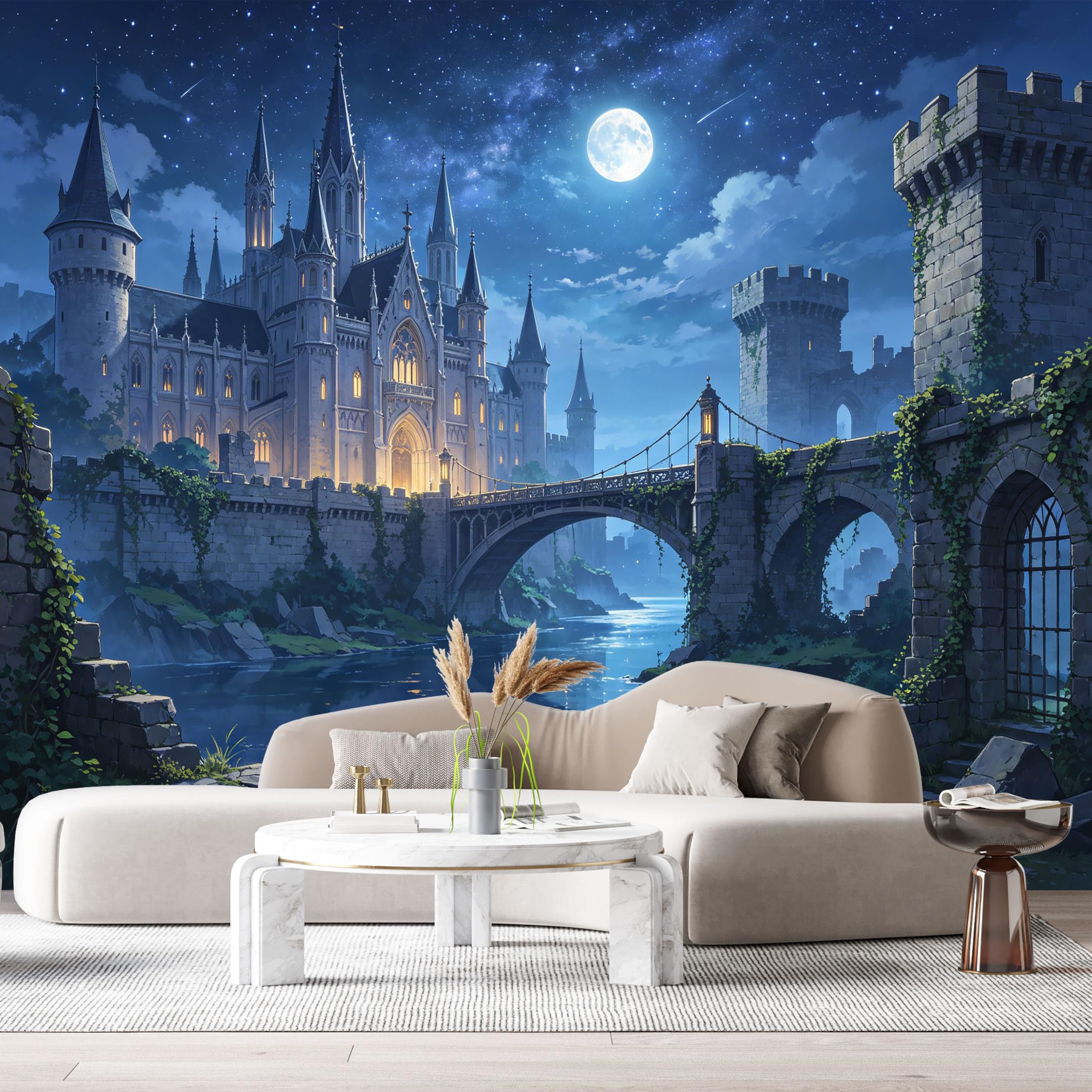 Custom Size Wall Murals Night Castle Starry Sky Moonlit River Bridge 3D Trompe L'Oeil SelfAdhesive Wall Fabric Removable Large Wallpaper for Photo Living Room