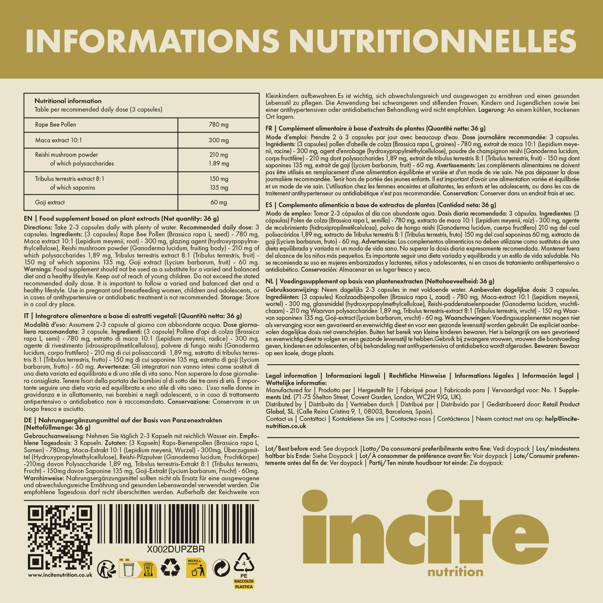 Incite Nutrition Maca Root Complex – 60 gélules véganes | Maca noire avec reishi, tribulus et baies de goji – Soutien énergie et vitalité – Gélules de racine de maca pour hommes et femmes