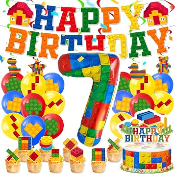 Birthday Decorations 7 Year Old Boy - Building Blocks 7th Birthday Decorations - Party Kit Number 7 Balloon, Banner, Cupcake & Cake Toppers, Balloons - Brick Theme Party Supplies for Boys 7 Years Old