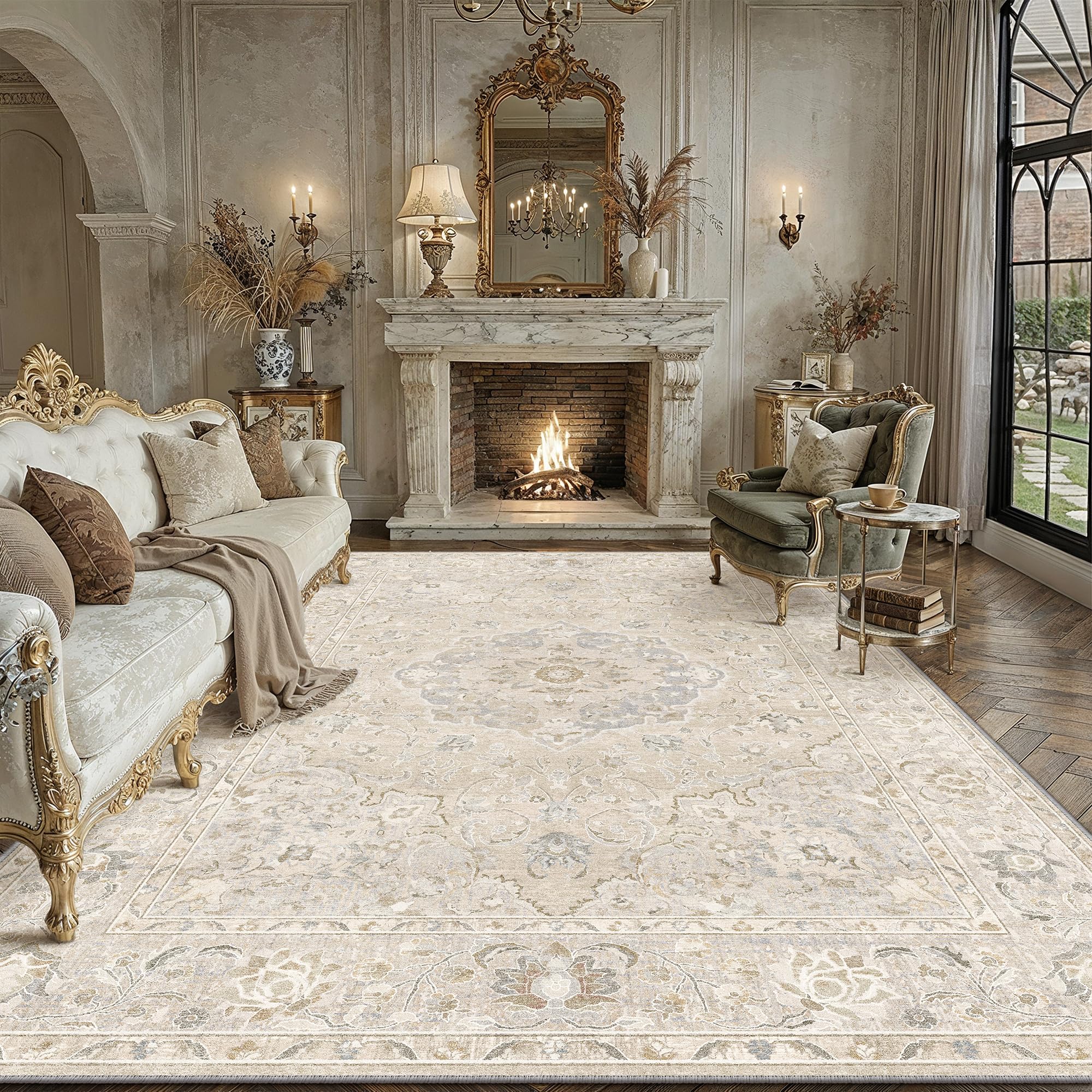 wondrg 8x10 washable beige area rug for living room bedroom vintage durable floral non slip large throw rug lightweight modern low pile distressed carpet office playroom dining room home decor