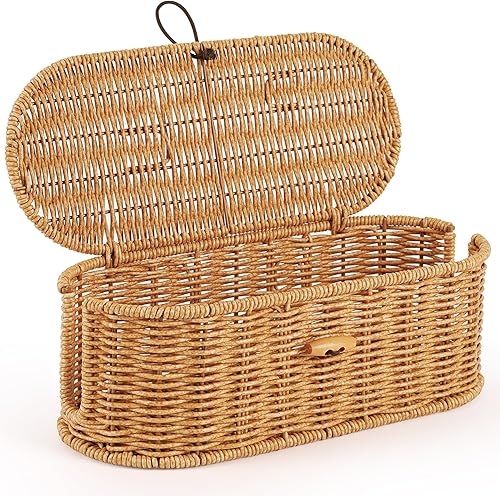 Miniatura 8 de Caja de gestión de cables, caja organizadora de cables de ratán artificial tejido a mano con tapa, caja organizadora de cables con 2 ranuras