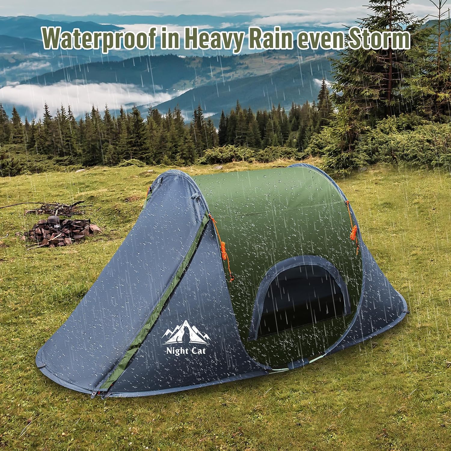 A person sitting outside the Night Cat Pop-up Camping Tent with the main door propped up to form a shaded porch area.