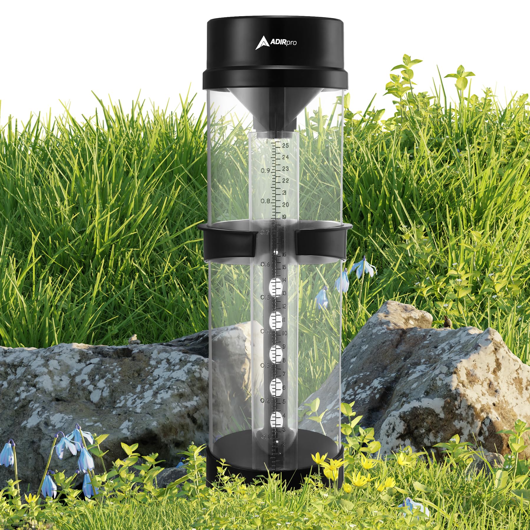 AdirPro Outdoor Rain Guage Instrument - Weatherproof & Break Proof - Large & Accurate Glass Rain Measurement - Accurate to 1/100th of an Inch - Perfect for Your Yard or Garden (Post Mount - Black)