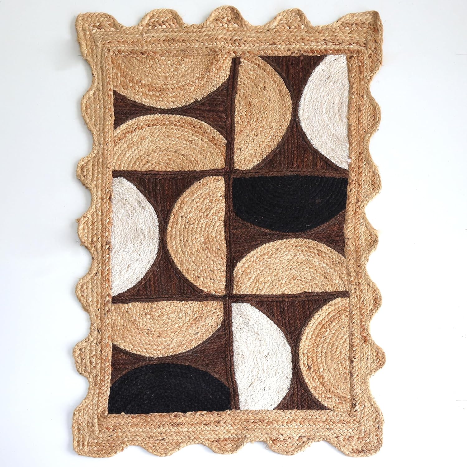 Jute Scalloped Rug 12x15 Indian Jute Hand Woven Area Rugs Thick 0.27" Geometric Half-Moon Brown & Black Rugs for Living Room, Bedroom, Home/Office Decor Carpet