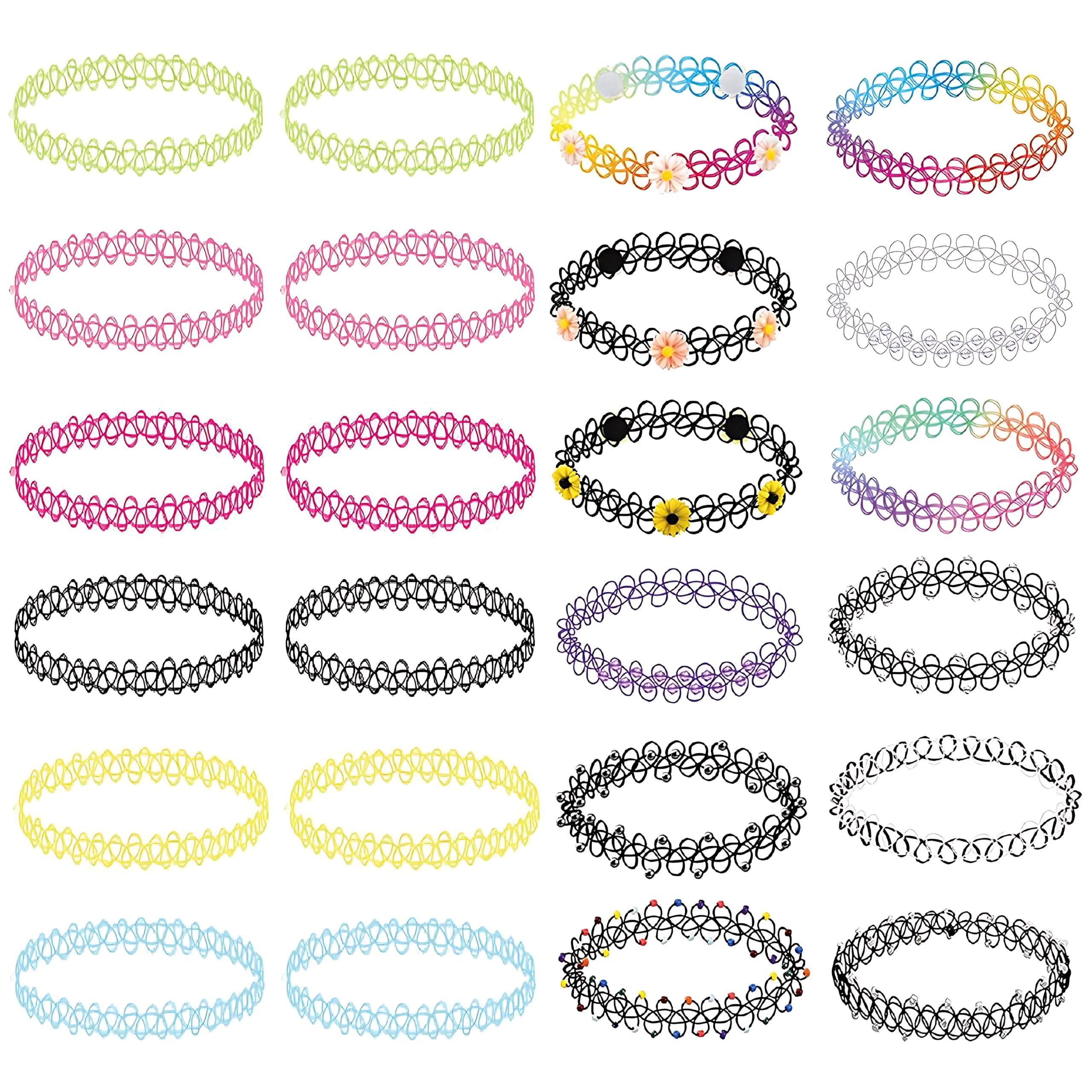 BodyJ4You 24PC Tattoo Choker Necklace - 90s Choker Necklaces Y2K Fashion Trendy Vintage - Daisy Flower Charm Colorful Rainbow Black Goth Pendant - Stretchy Elastic Necklace Summer Gift Set